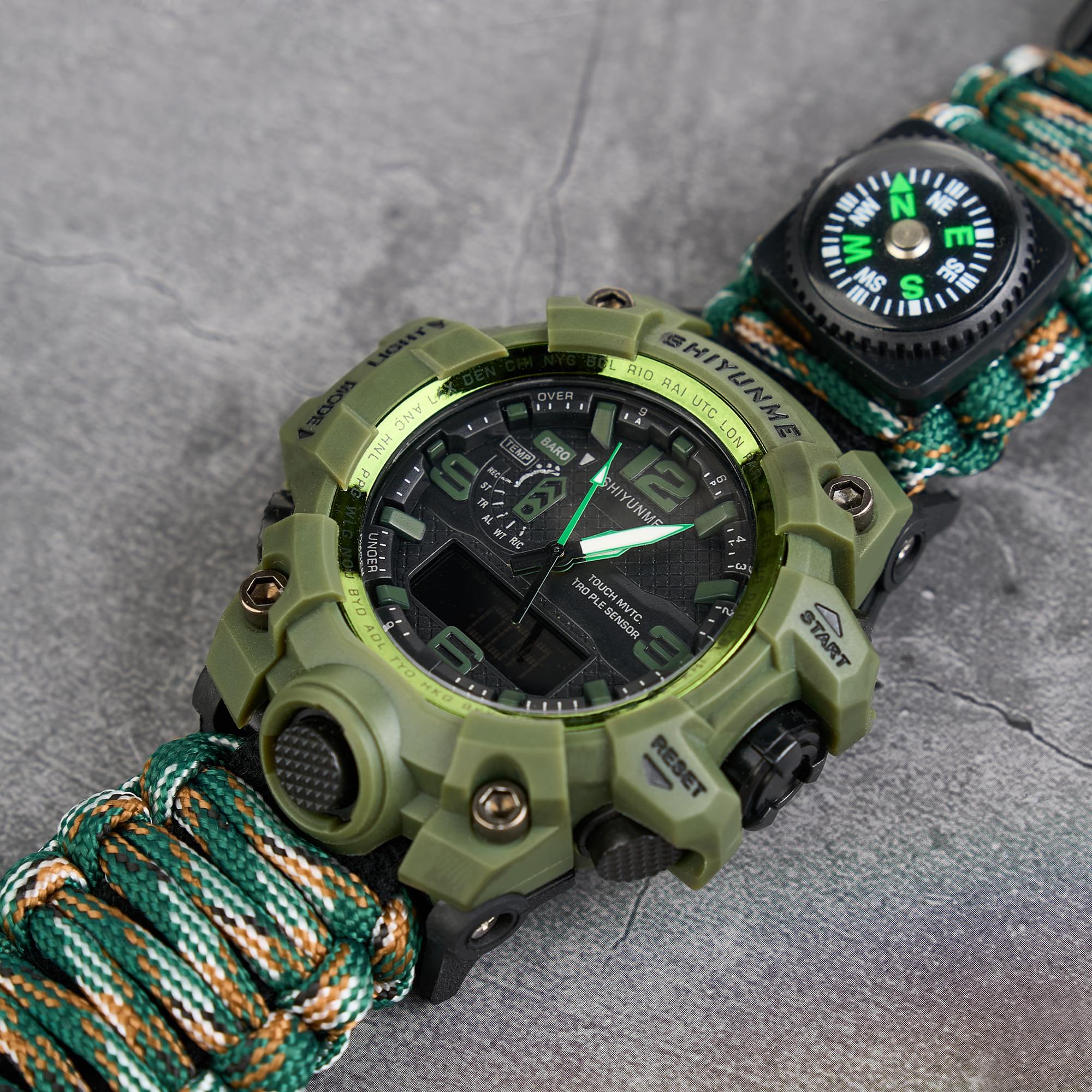 Ceas tactic supravietuire multifunctional, dual time, analogic si digital, cordelina, cremene, fierastrau, busola, onuvio® - wood camo