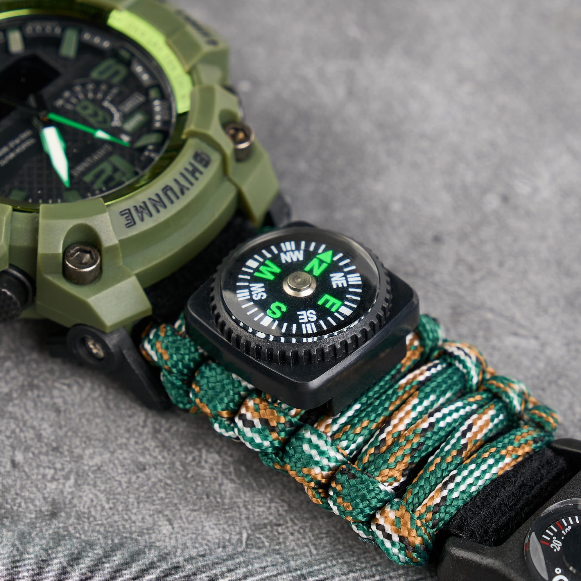 Ceas tactic supravietuire multifunctional, dual time, analogic si digital, cordelina, cremene, fierastrau, busola, onuvio® - wood camo
