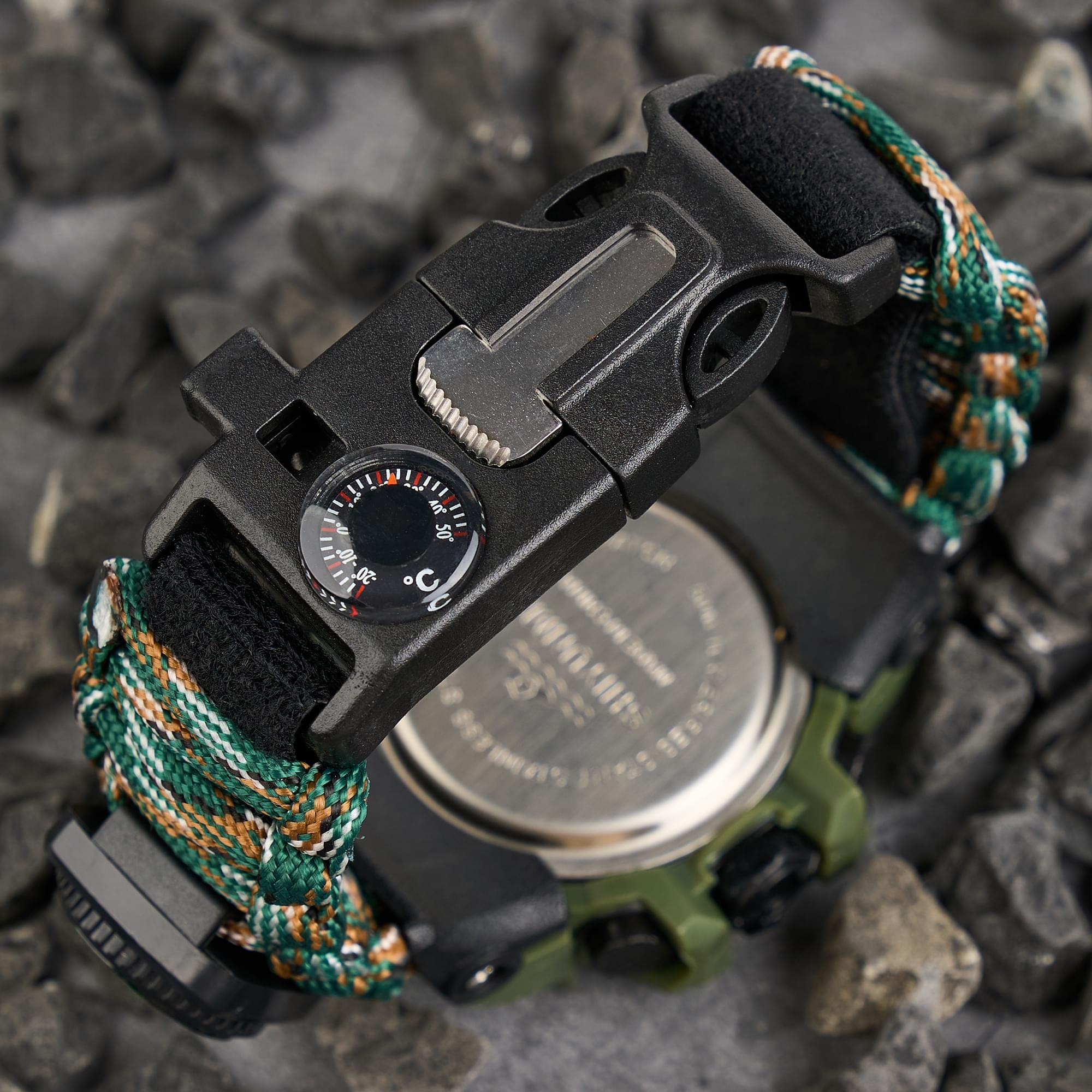 Ceas tactic supravietuire multifunctional, dual time, analogic si digital, cordelina, cremene, fierastrau, busola, onuvio® - wood camo