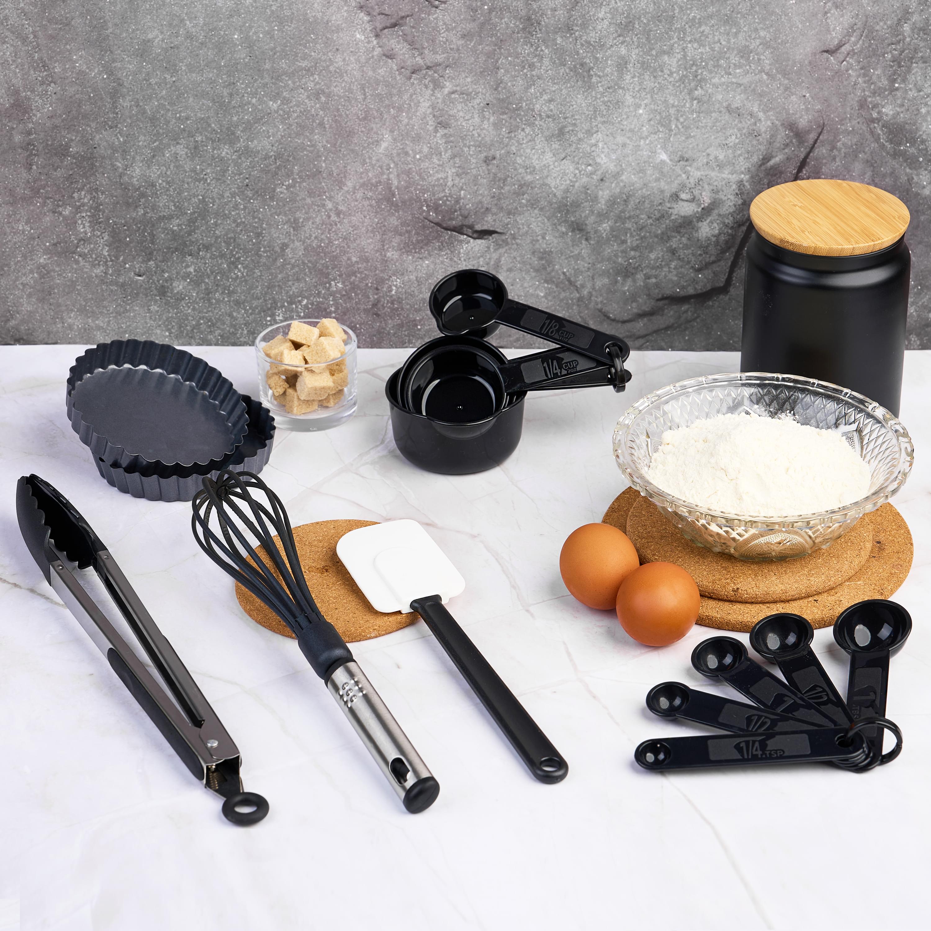 Set ustensile bucatarie din nylon rezistent la caldura, 25 piese, antiaderente, cu suport – spatule, linguri, polonic, cleste, tel, razatoare, cani si linguri de masurare – onuvio®