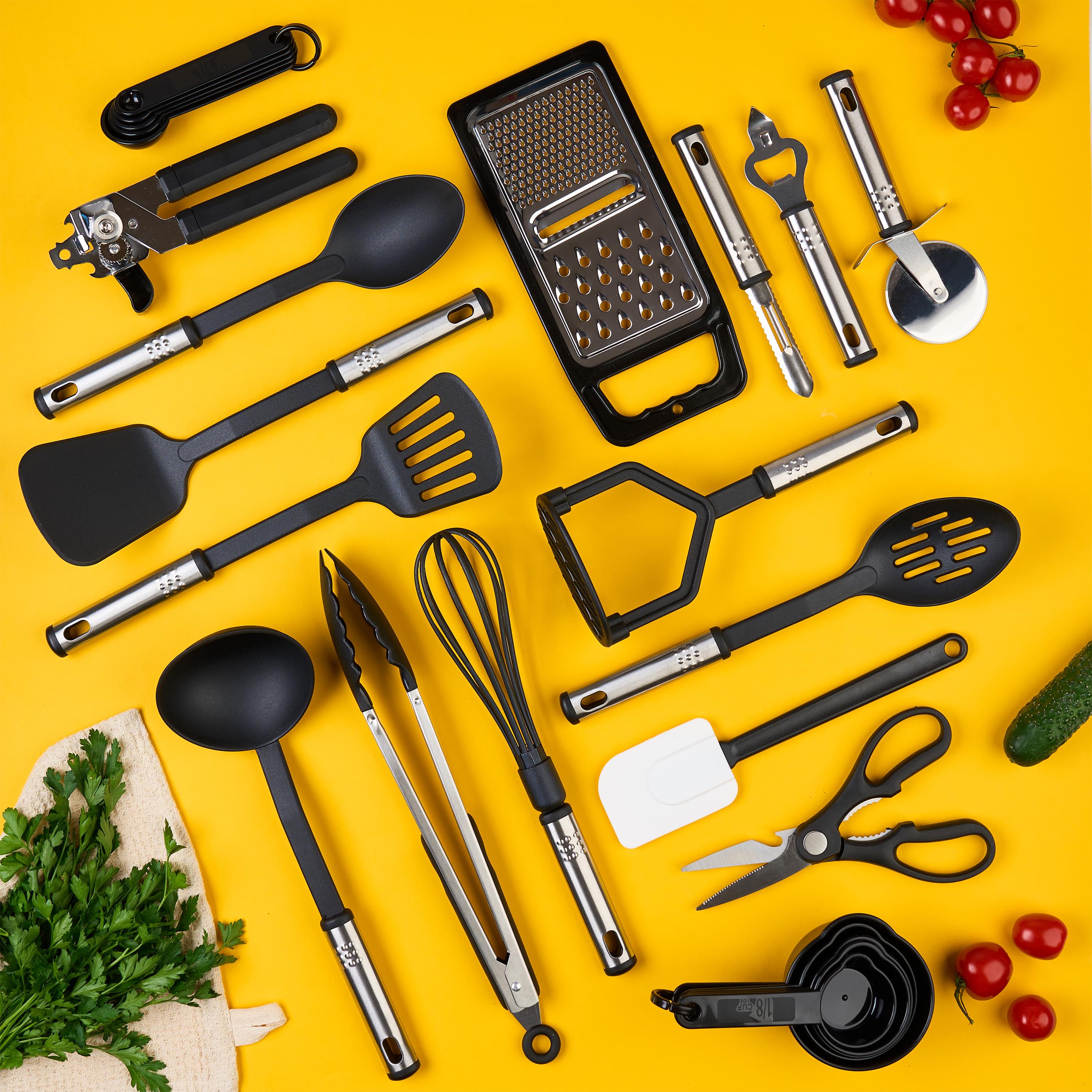 Set ustensile bucatarie din nylon rezistent la caldura, 25 piese, antiaderente, cu suport – spatule, linguri, polonic, cleste, tel, razatoare, cani si linguri de masurare – onuvio®