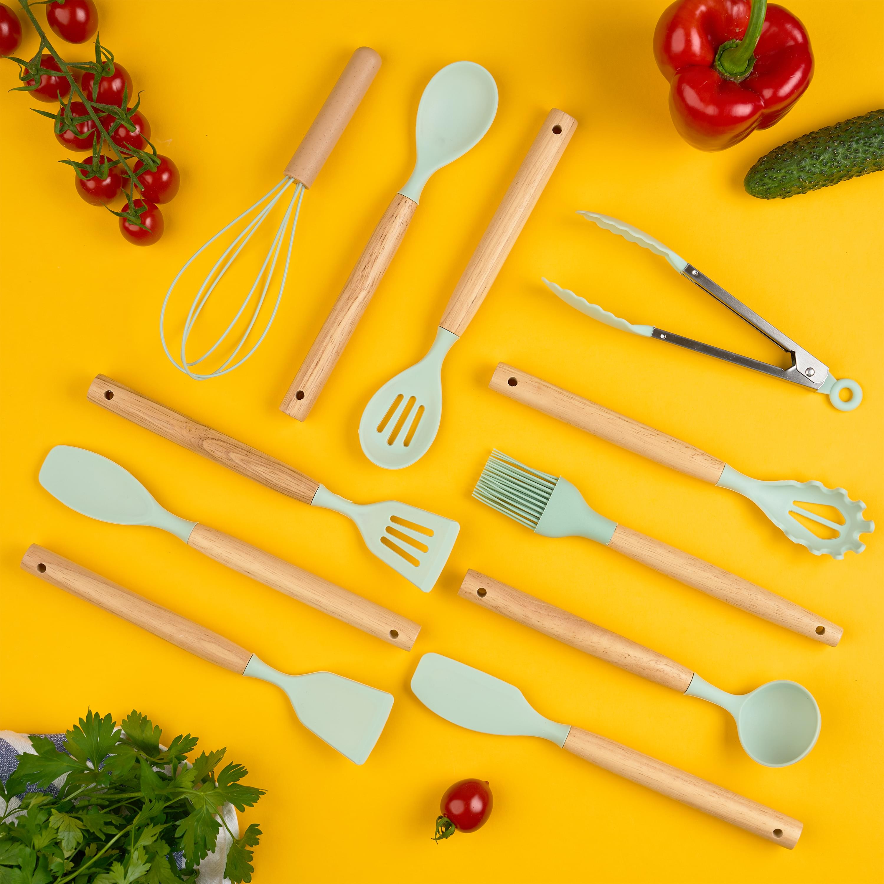 Set ustensile bucatarie 12 piese, marime mica xs 500g, lemn si silicon alimentar, termorezistente, antiaderente, suport blat, onuvio® daria mini - verde menta