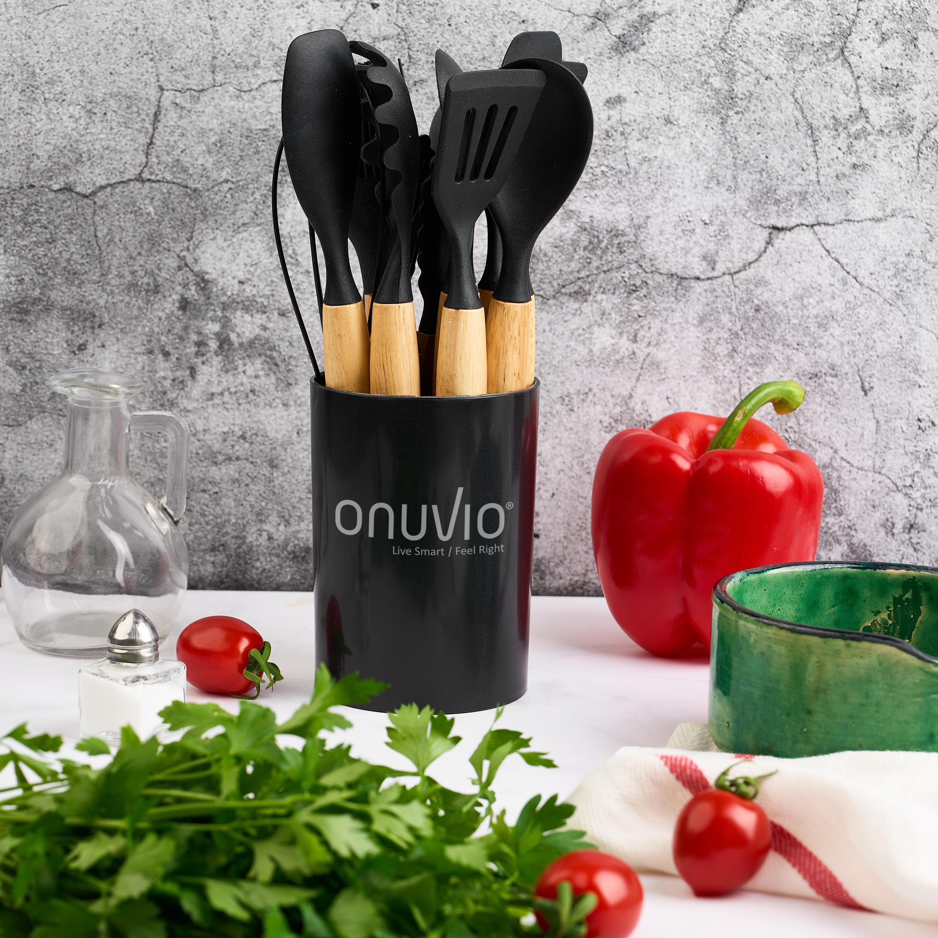 Set ustensile bucatarie 12 piese, marime mica xs 500g, lemn si silicon alimentar, termorezistente, antiaderente, suport blat, onuvio® daria mini - negru