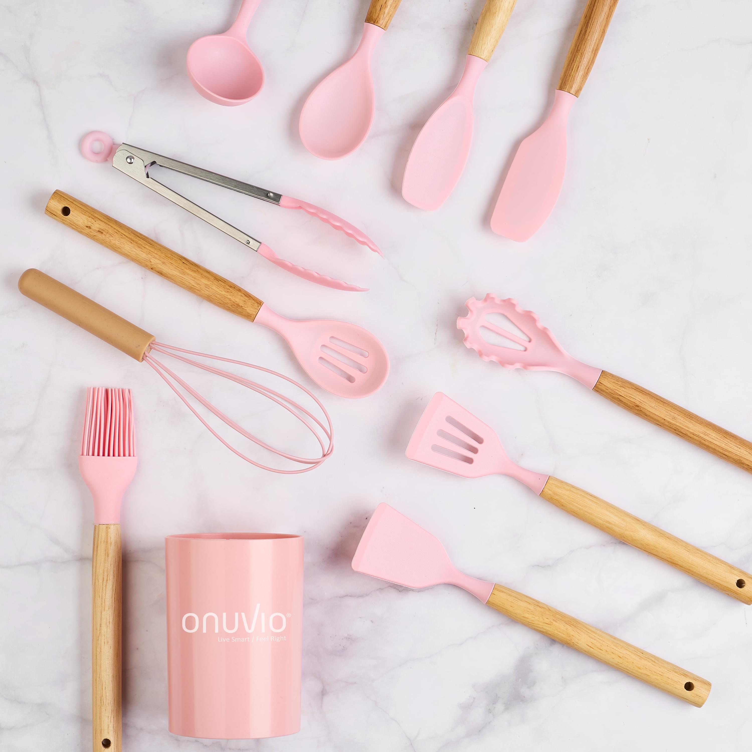Set ustensile bucatarie 12 piese, marime mica xs 500g, lemn si silicon alimentar, termorezistente, antiaderente, suport blat, onuvio® daria mini - roz