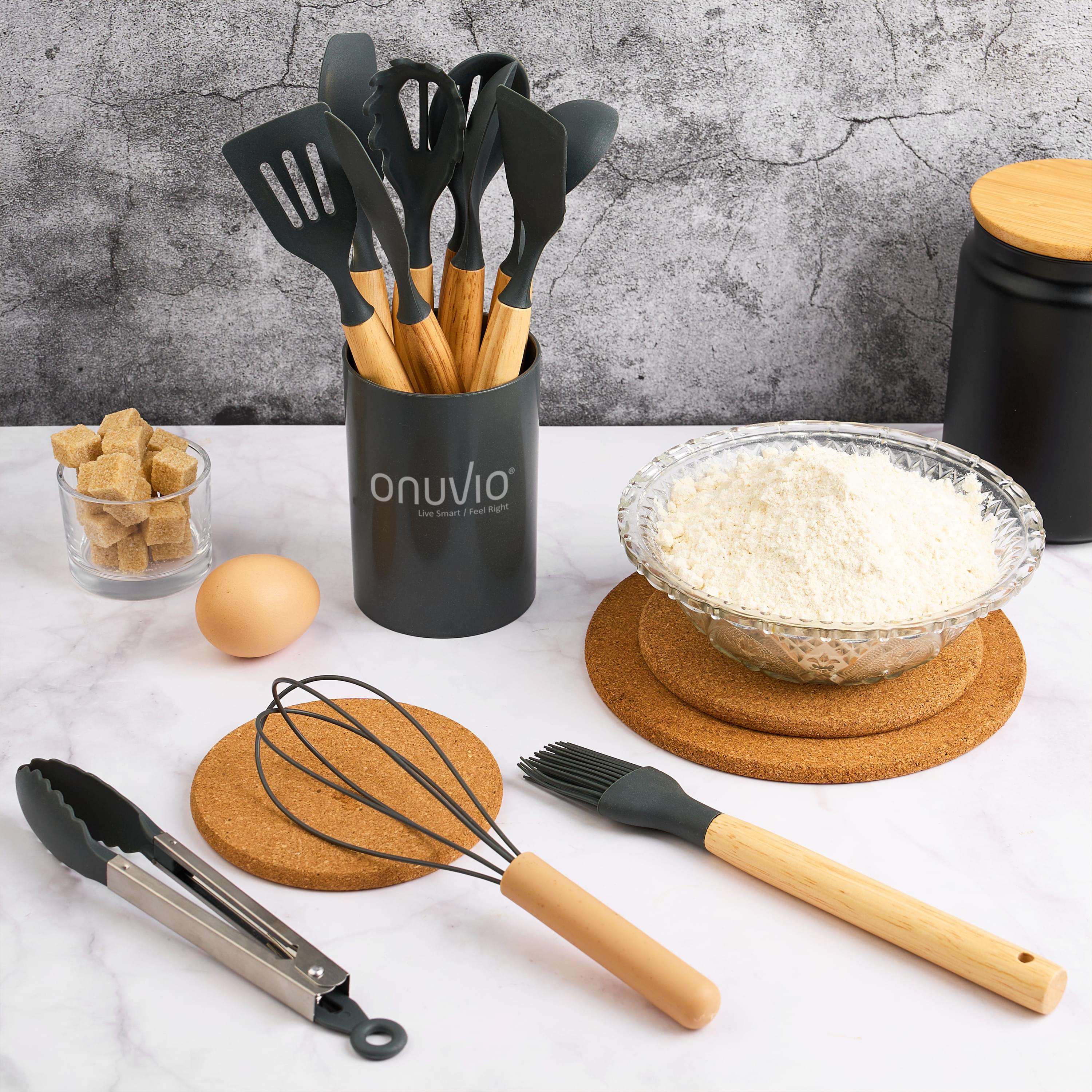 Set ustensile bucatarie 12 piese, marime mica xs 500g, lemn si silicon alimentar, termorezistente, antiaderente, suport blat, onuvio® daria mini - gri