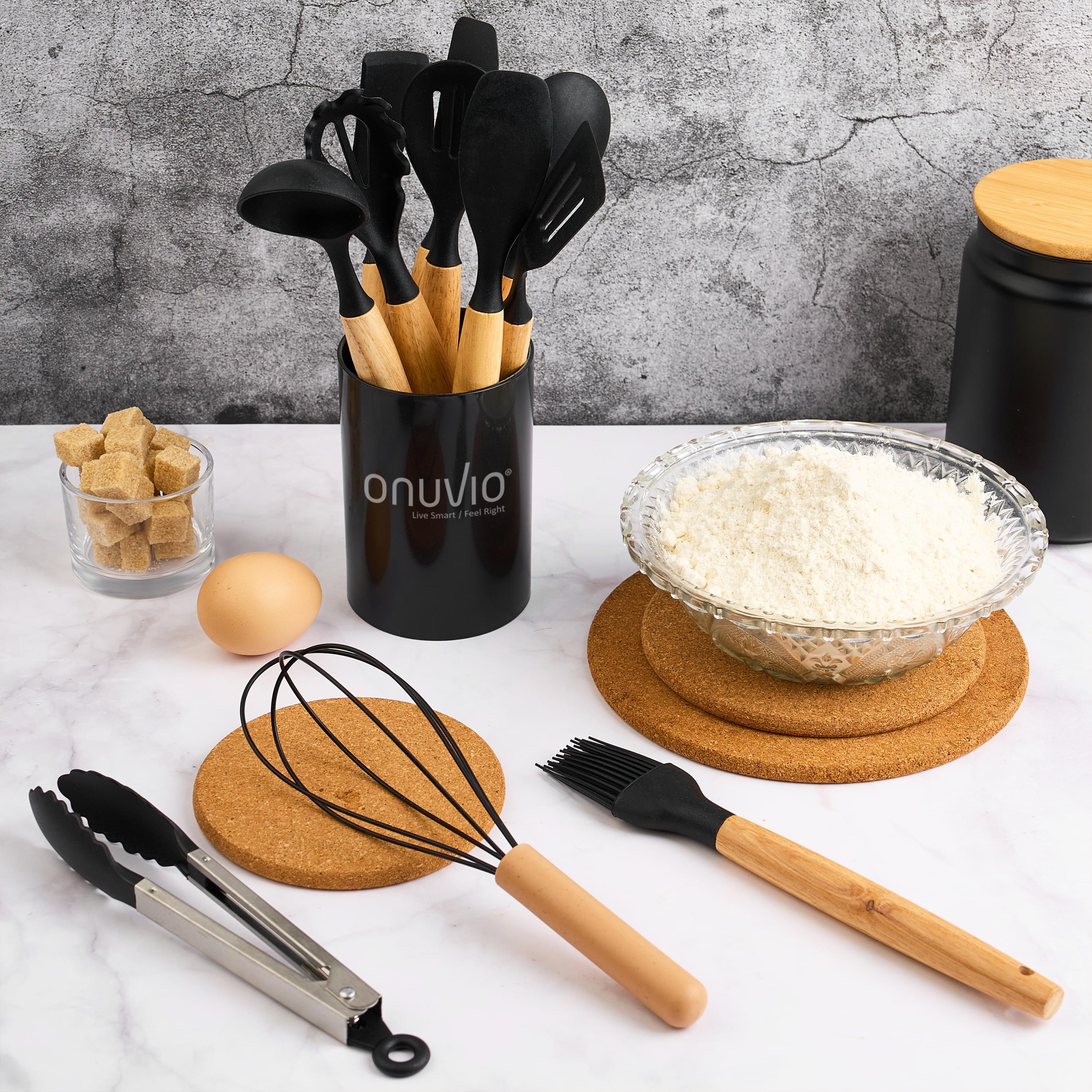 Set ustensile bucatarie 12 piese, marime mica xs 500g, lemn si silicon alimentar, termorezistente, antiaderente, suport blat, onuvio® daria mini - negru