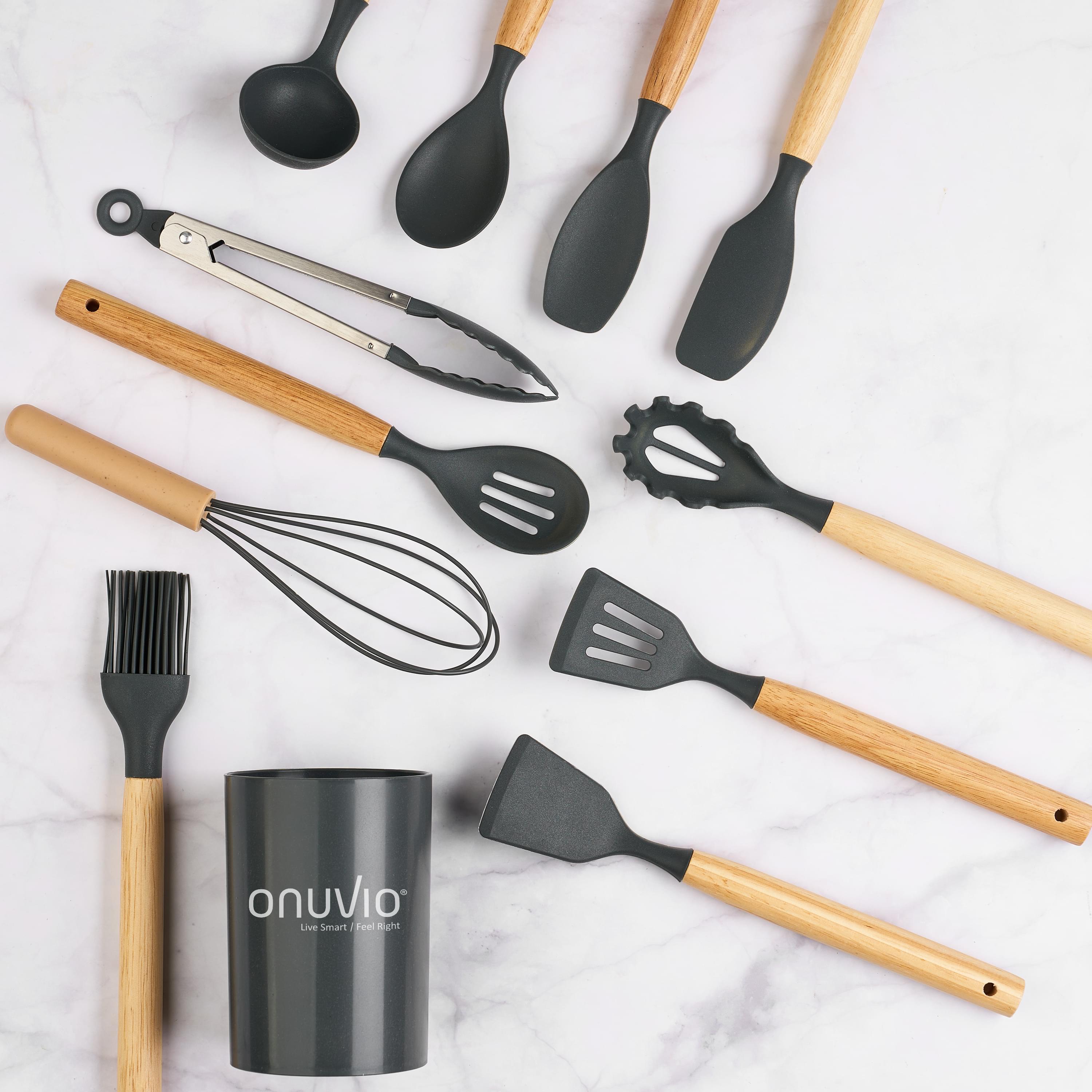 Set ustensile bucatarie 12 piese, marime mica xs 500g, lemn si silicon alimentar, termorezistente, antiaderente, suport blat, onuvio® daria mini - gri