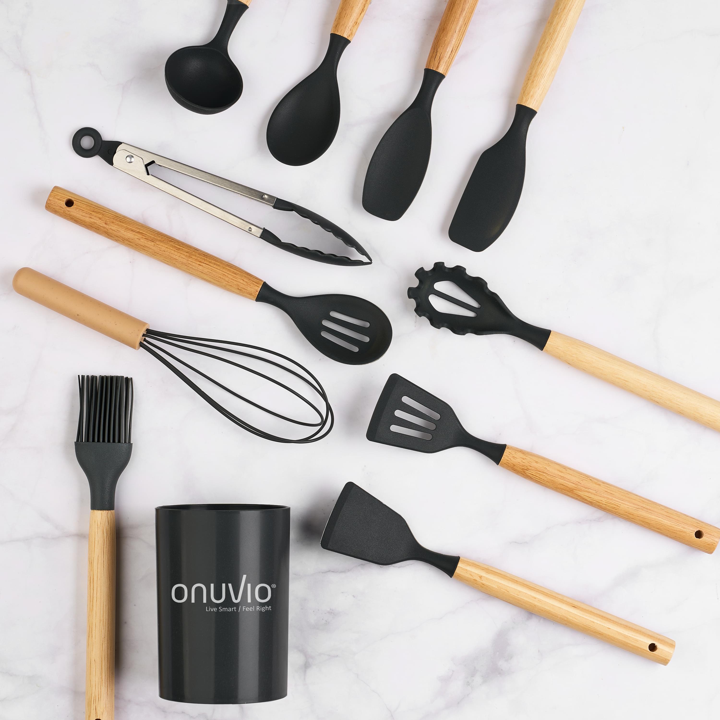 Set ustensile bucatarie 12 piese, marime mica xs 500g, lemn si silicon alimentar, termorezistente, antiaderente, suport blat, onuvio® daria mini - negru