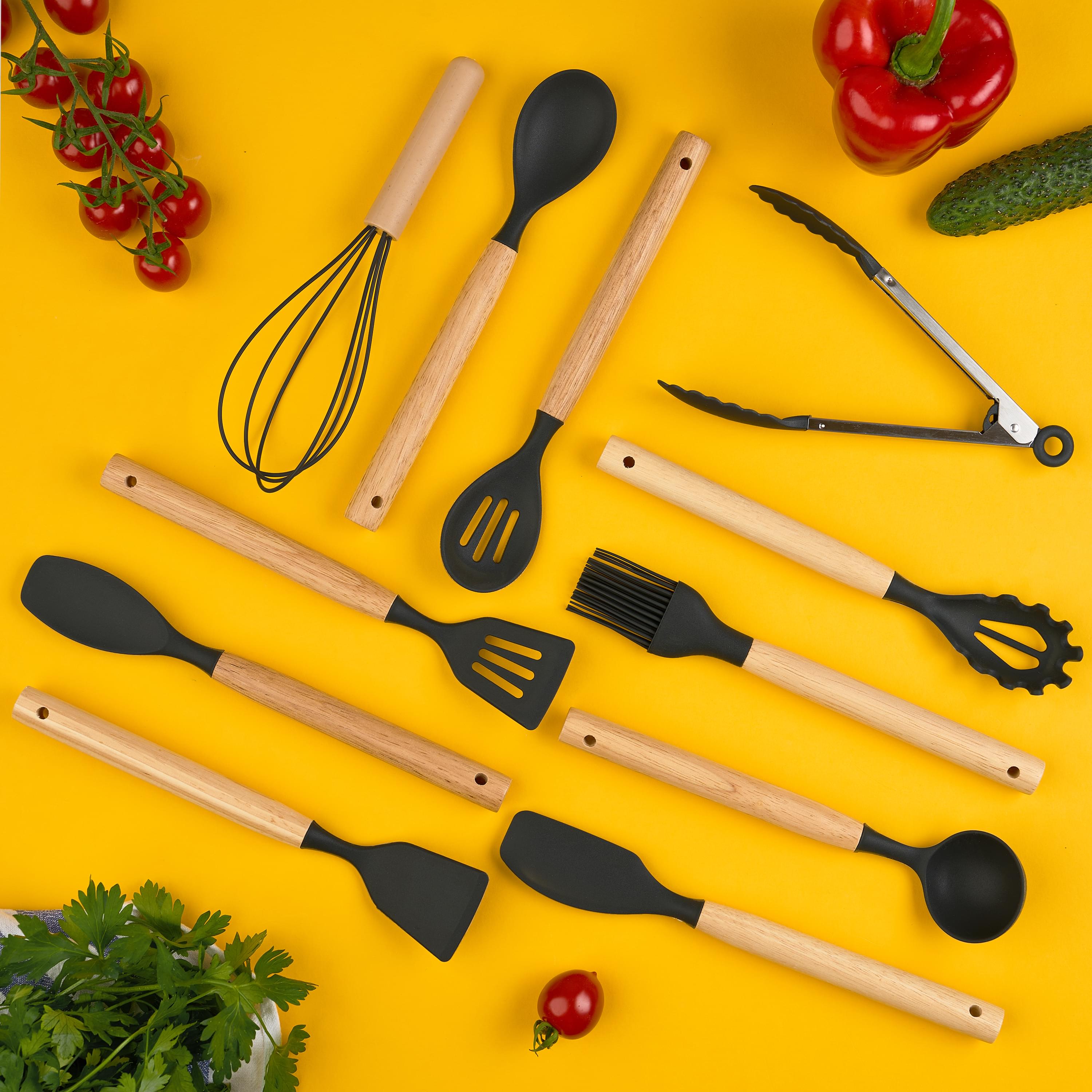 Set ustensile bucatarie 12 piese, marime mica xs 500g, lemn si silicon alimentar, termorezistente, antiaderente, suport blat, onuvio® daria mini - negru