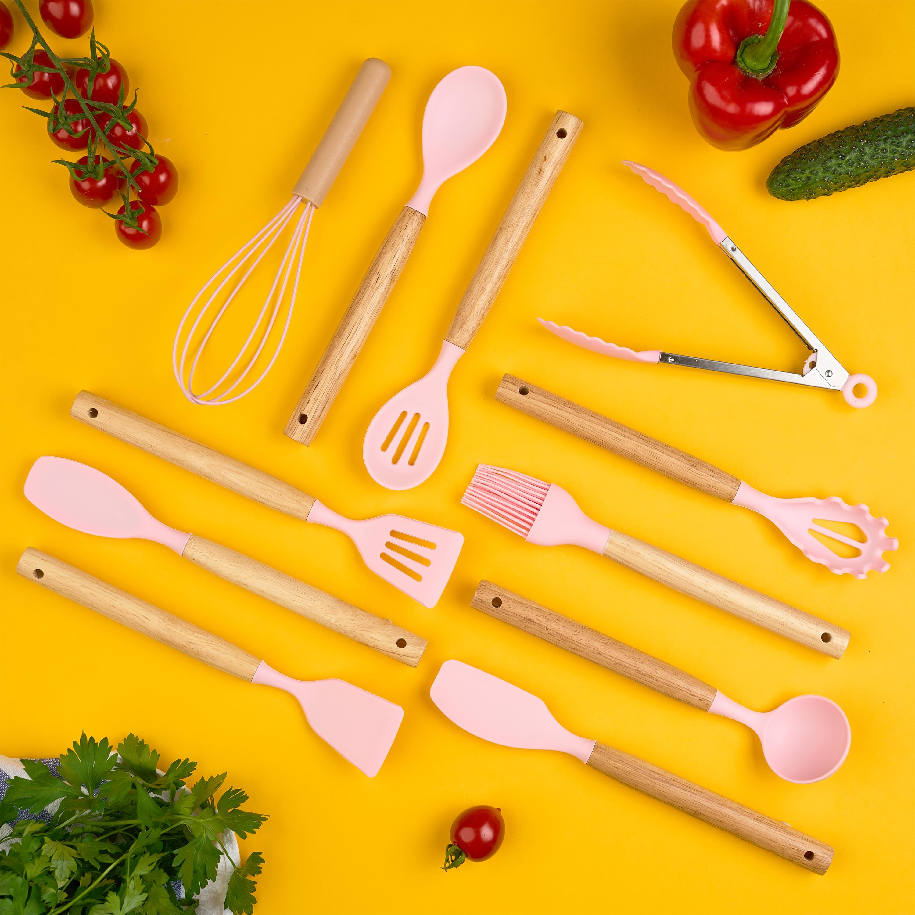 Set ustensile bucatarie 12 piese, marime mica xs 500g, lemn si silicon alimentar, termorezistente, antiaderente, suport blat, onuvio® daria mini - roz