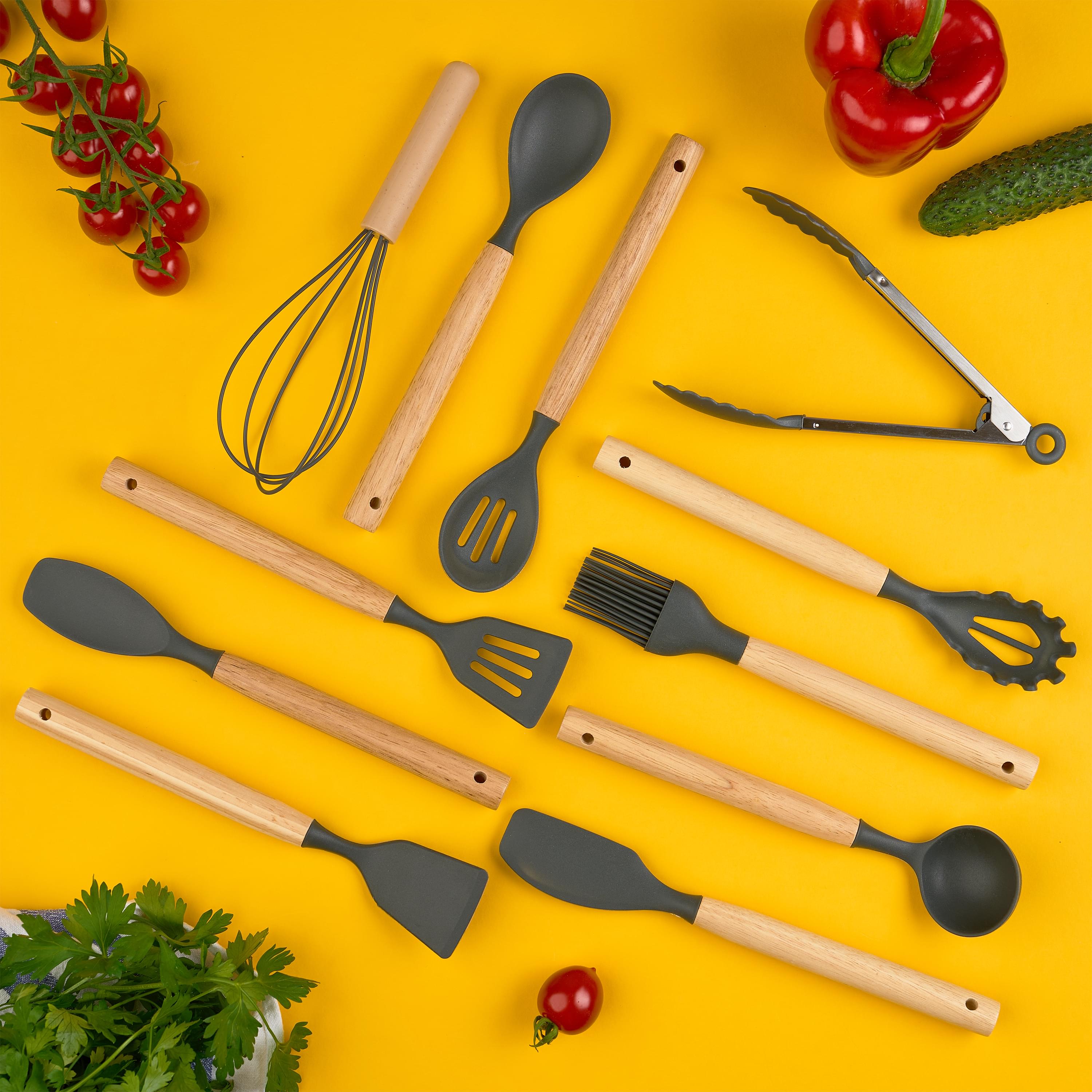 Set ustensile bucatarie 12 piese, marime mica xs 500g, lemn si silicon alimentar, termorezistente, antiaderente, suport blat, onuvio® daria mini - gri