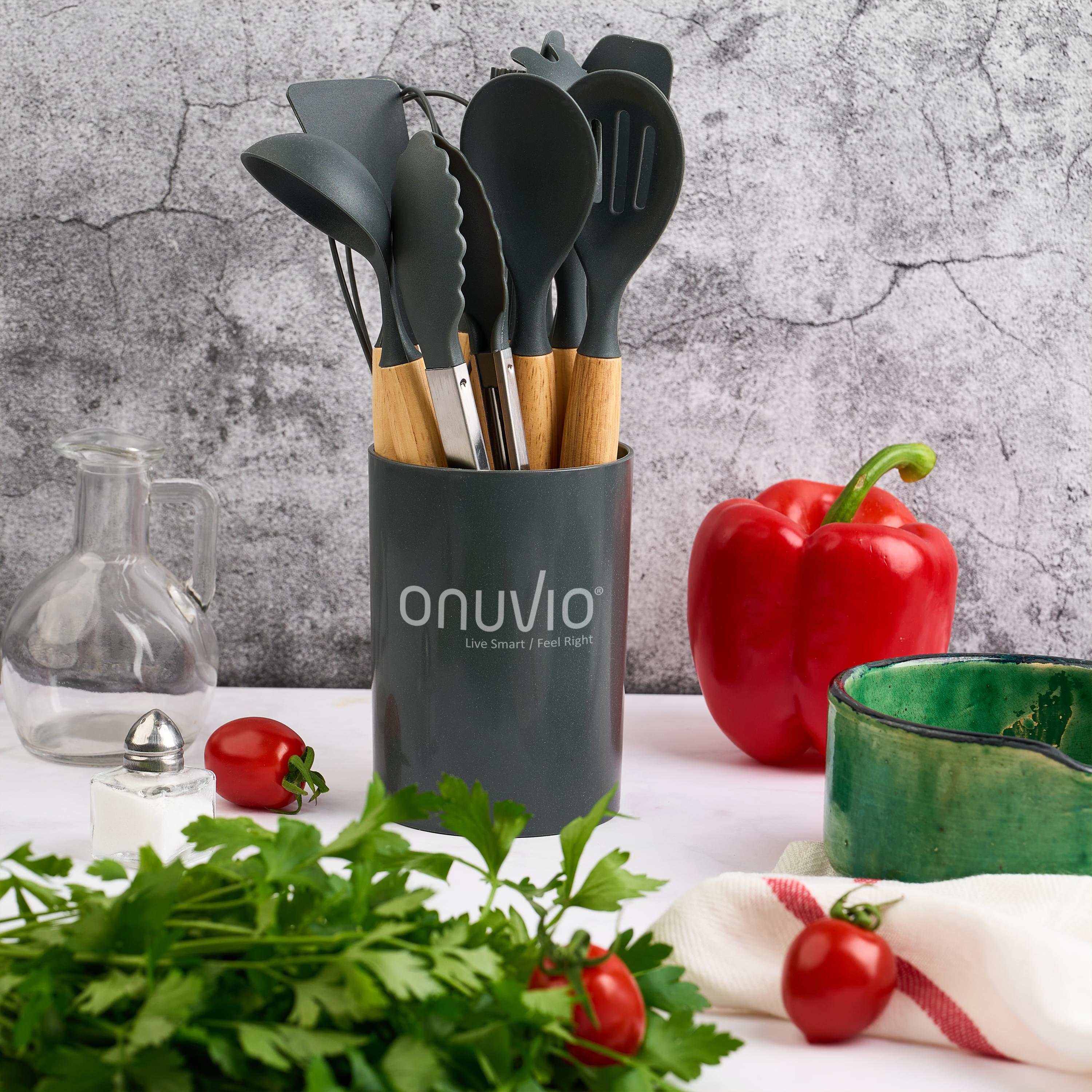 Set ustensile bucatarie 12 piese, marime mica xs 500g, lemn si silicon alimentar, termorezistente, antiaderente, suport blat, onuvio® daria mini - gri
