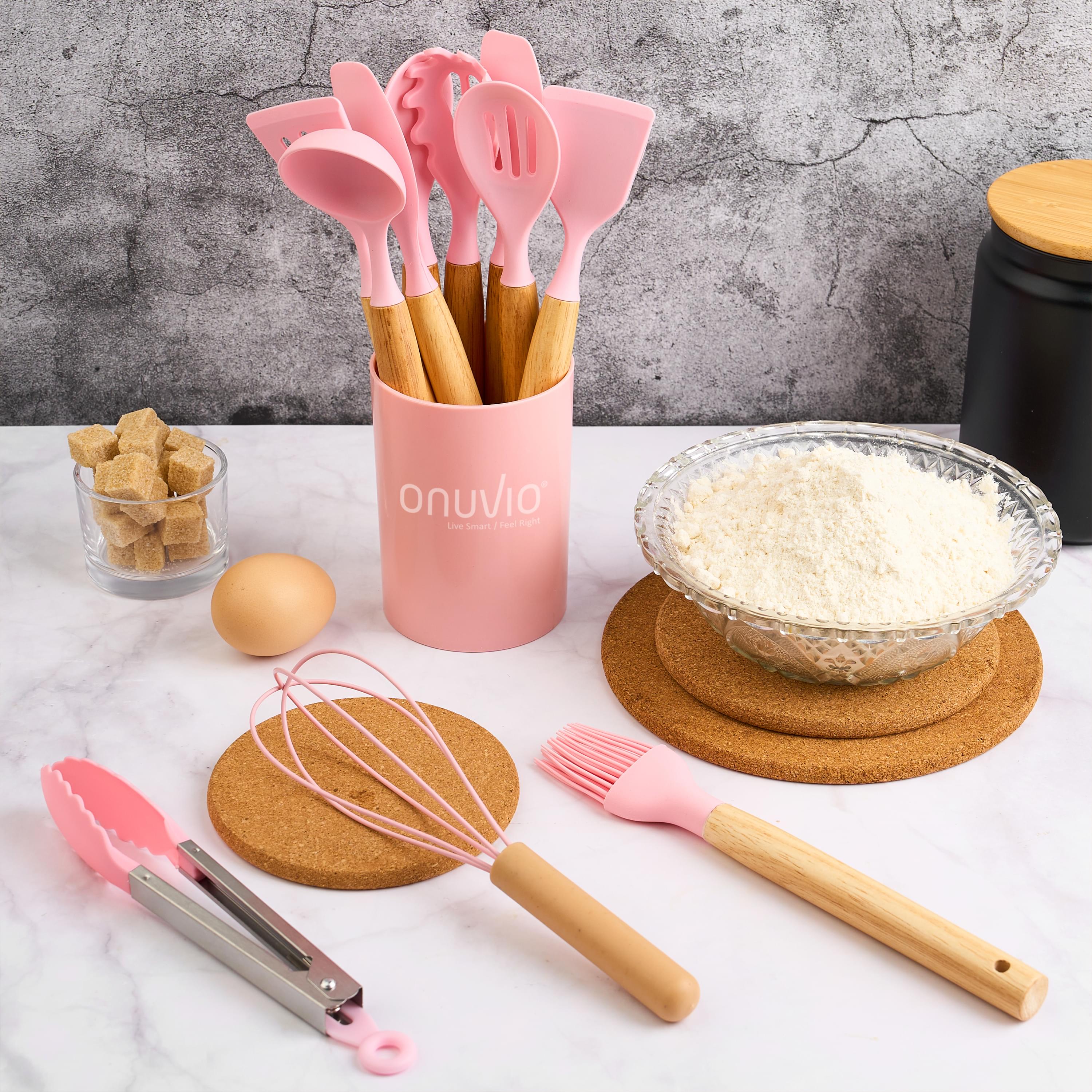 Set ustensile bucatarie 12 piese, marime mica xs 500g, lemn si silicon alimentar, termorezistente, antiaderente, suport blat, onuvio® daria mini - roz