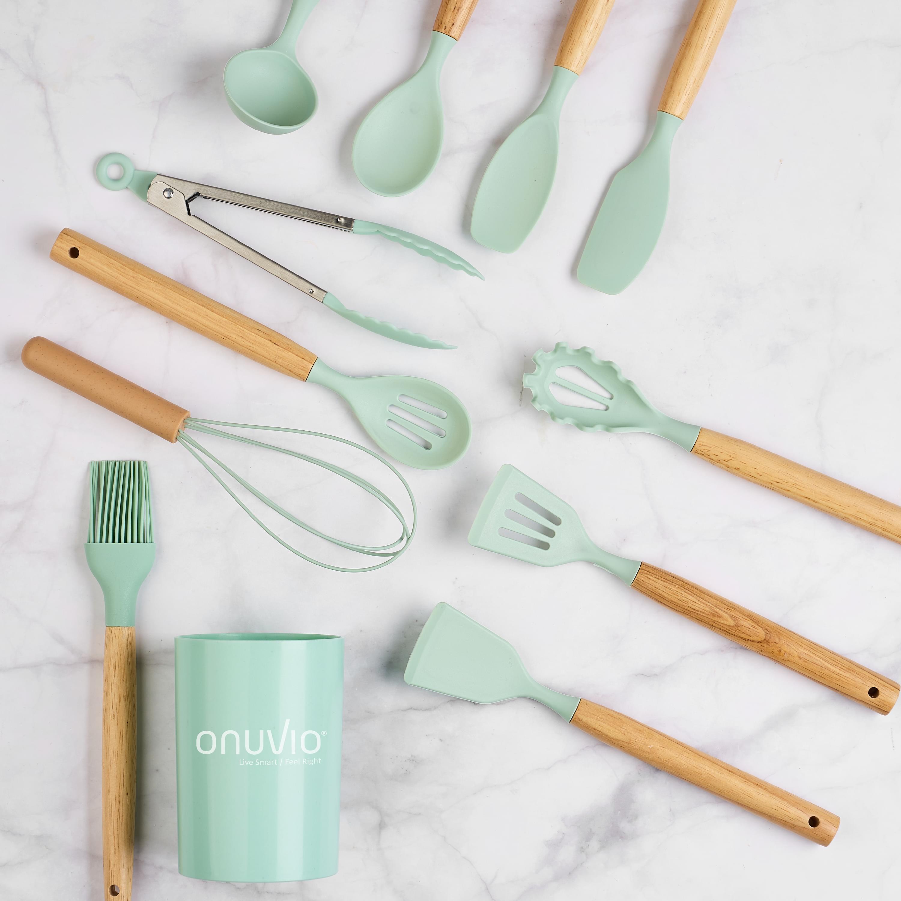 Set ustensile bucatarie 12 piese, marime mica xs 500g, lemn si silicon alimentar, termorezistente, antiaderente, suport blat, onuvio® daria mini - verde menta