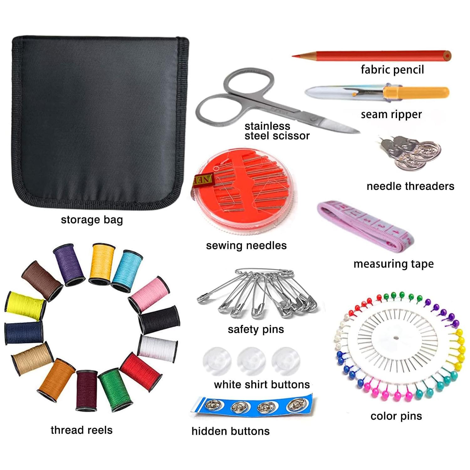 Set complet de cusut, 94 piese, ace si ate colorate, foarfece, ruleta, nasturi, degetar, mini organizator pentru calatorii si uz casnic, onuvio®