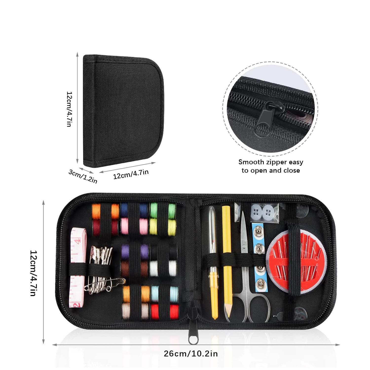 Set complet de cusut, 94 piese, ace si ate colorate, foarfece, ruleta, nasturi, degetar, mini organizator pentru calatorii si uz casnic, onuvio®