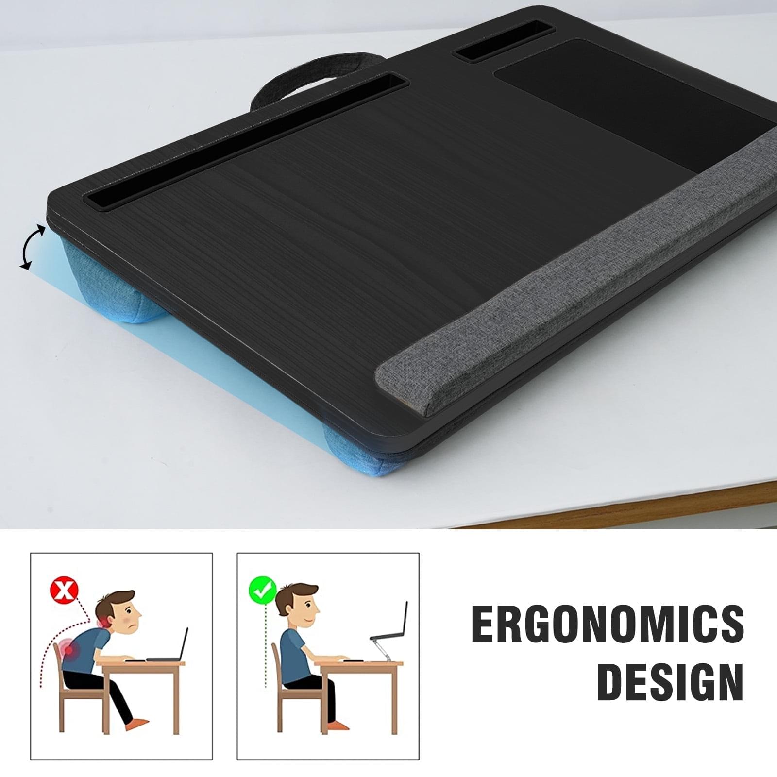 Masuta laptop pentru poala onuvio® tip bed desk / lazy table 55x34 cm, cu suport mouse si suport antebrat cu perne duble de aerisire, pentru laptopuri pana la 17 inch - gri