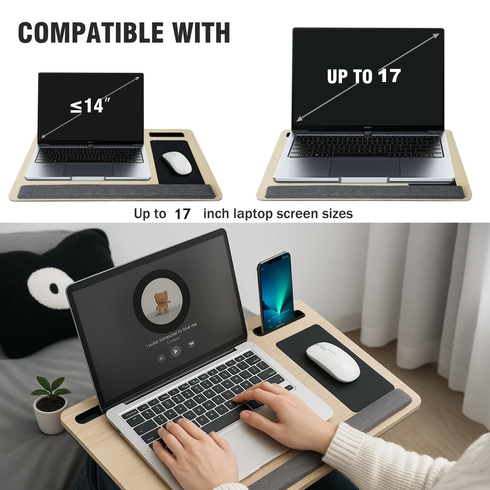 Masuta laptop pentru poala onuvio® tip bed desk / lazy table 55x34 cm, cu suport mouse si suport antebrat cu perne duble de aerisire, pentru laptopuri pana la 17 inch - alb