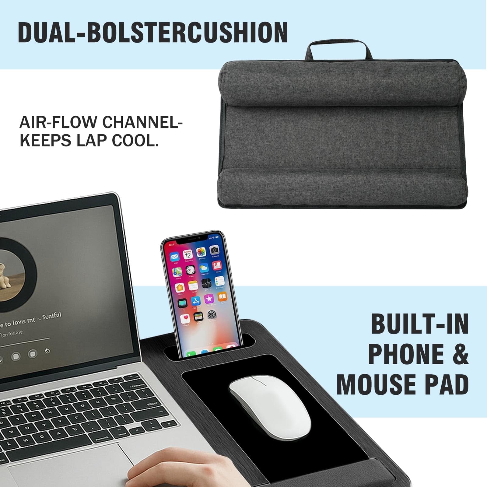 Masuta laptop pentru poala onuvio® tip bed desk / lazy table 55x34 cm, cu suport mouse si suport antebrat cu perne duble de aerisire, pentru laptopuri pana la 17 inch - gri