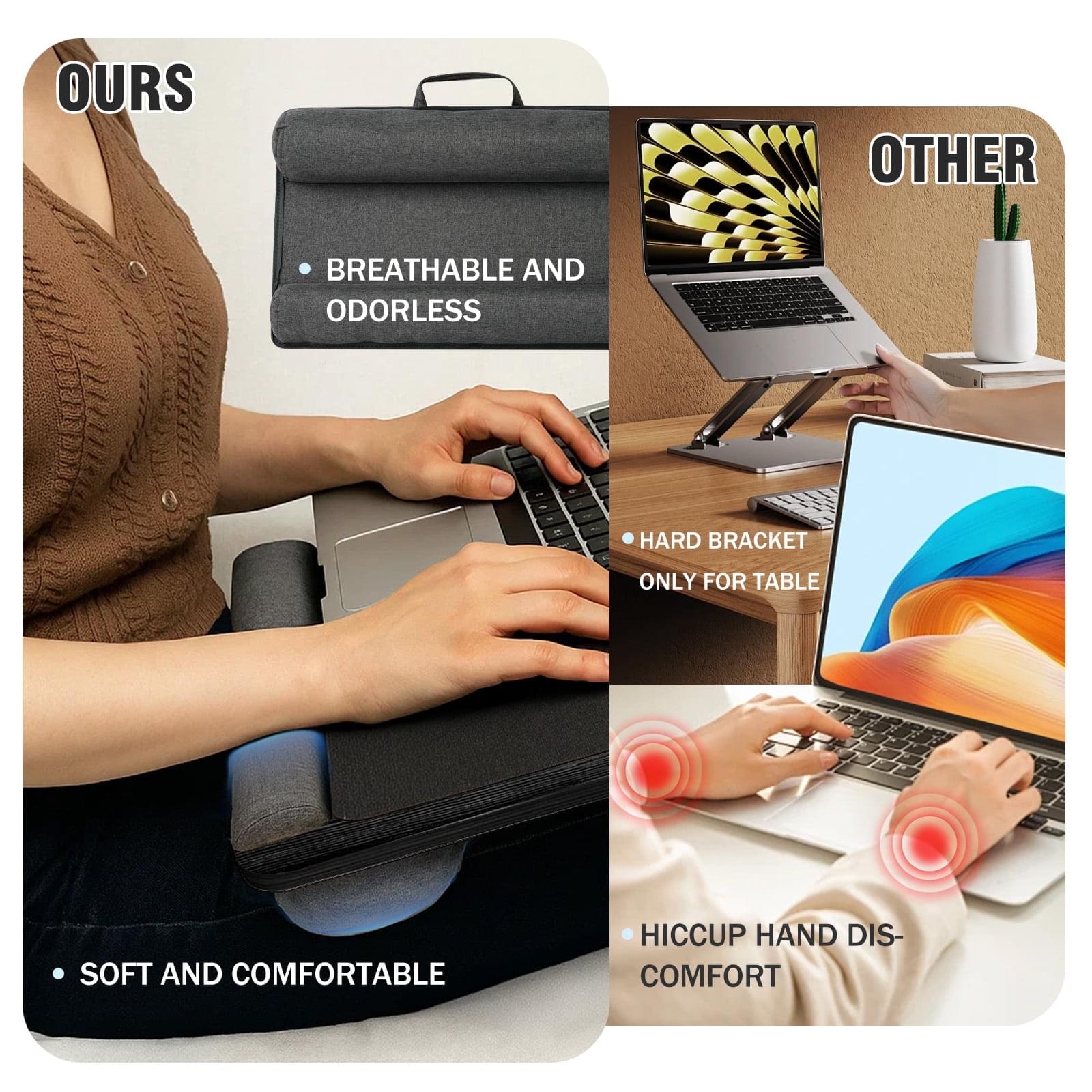 Masuta laptop pentru poala onuvio® tip bed desk / lazy table 55x34 cm, cu suport mouse si suport antebrat cu perne duble de aerisire, pentru laptopuri pana la 17 inch - gri