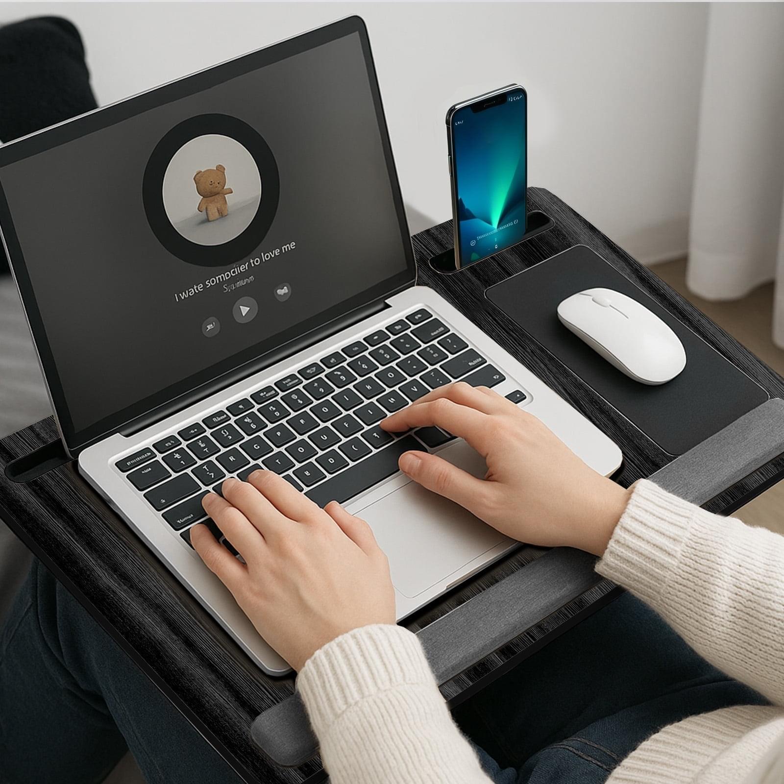 Masuta laptop pentru poala onuvio® tip bed desk / lazy table 55x34 cm, cu suport mouse si suport antebrat cu perne duble de aerisire, pentru laptopuri pana la 17 inch - gri