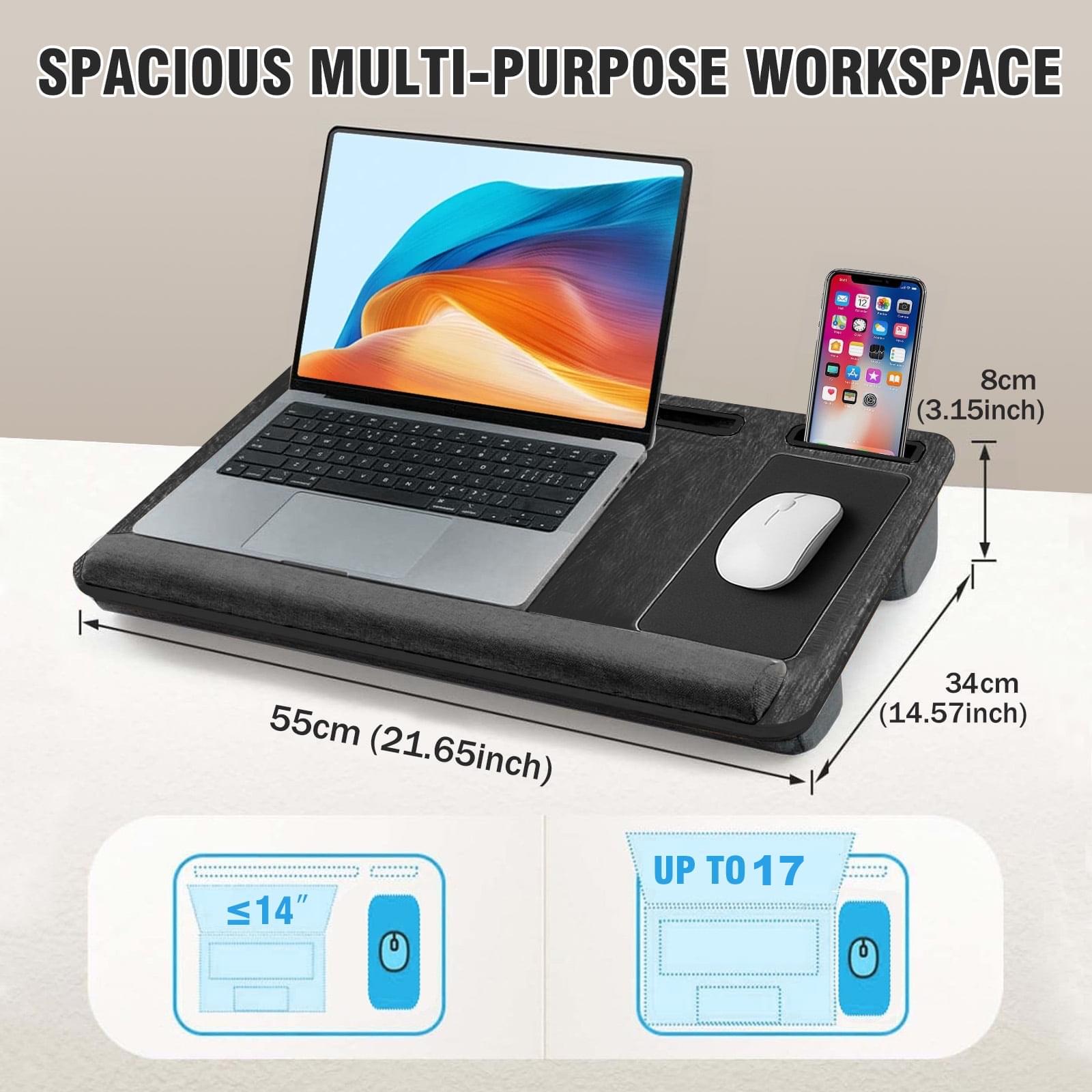 Masuta laptop pentru poala onuvio® tip bed desk / lazy table 55x34 cm, cu suport mouse si suport antebrat cu perne duble de aerisire, pentru laptopuri pana la 17 inch - gri