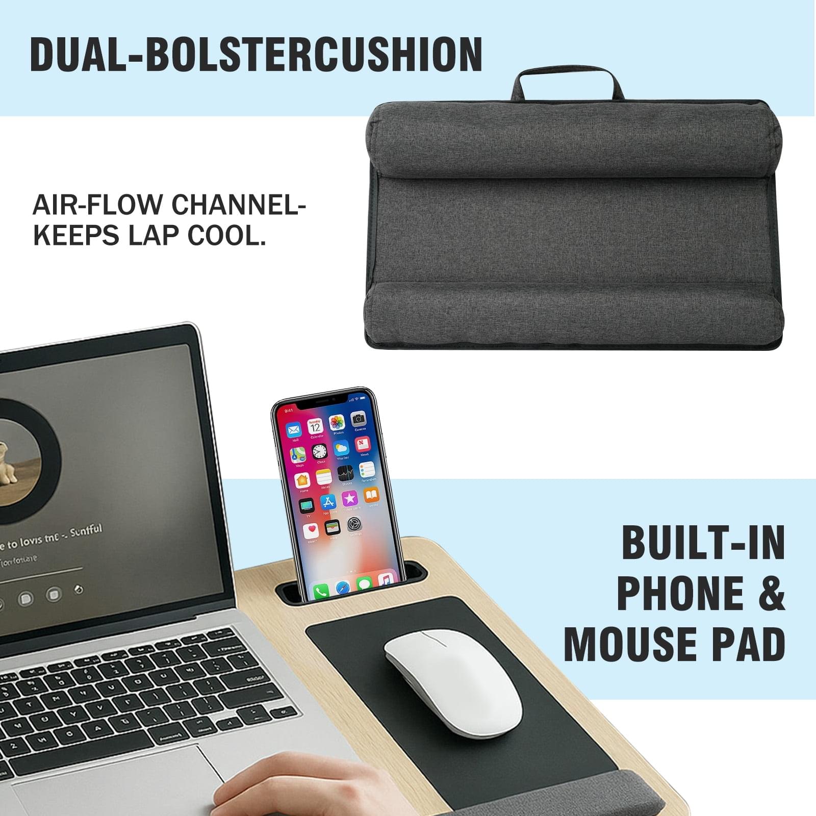 Masuta laptop pentru poala onuvio® tip bed desk / lazy table 55x34 cm, cu suport mouse si suport antebrat cu perne duble de aerisire, pentru laptopuri pana la 17 inch - alb
