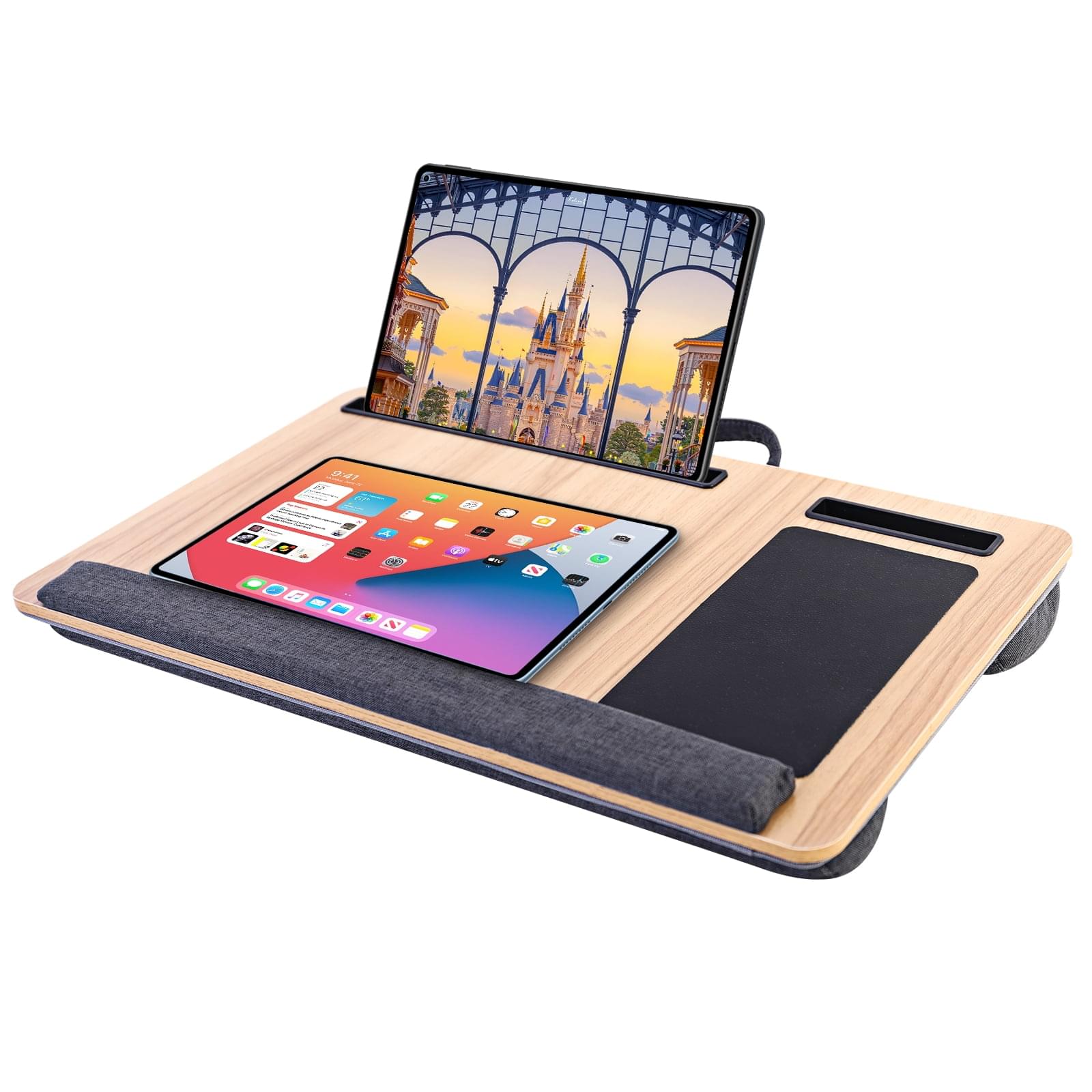 Masuta laptop pentru poala onuvio® tip bed desk / lazy table 55x34 cm, cu suport mouse si suport antebrat cu perne duble de aerisire, pentru laptopuri pana la 17 inch - maro