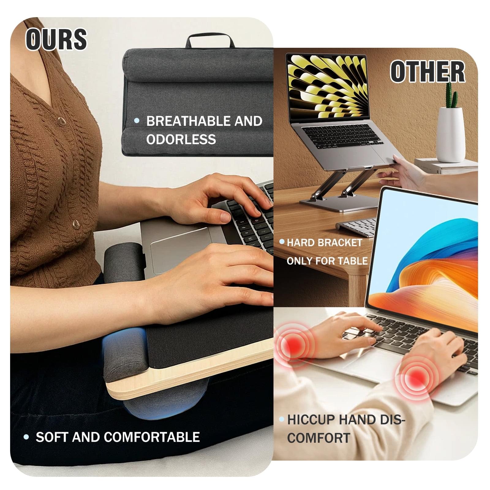 Masuta laptop pentru poala onuvio® tip bed desk / lazy table 55x34 cm, cu suport mouse si suport antebrat cu perne duble de aerisire, pentru laptopuri pana la 17 inch - alb