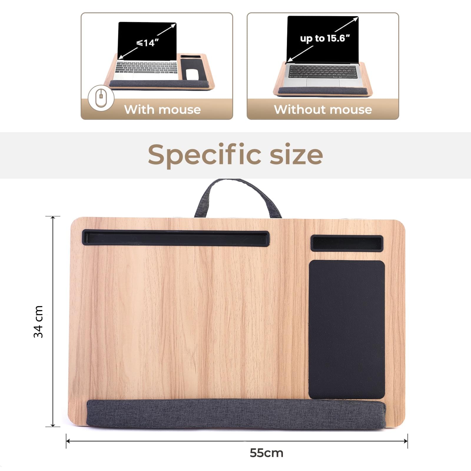 Masuta laptop pentru poala onuvio® tip bed desk / lazy table 55x34 cm, cu suport mouse si suport antebrat cu perne duble de aerisire, pentru laptopuri pana la 17 inch - maro