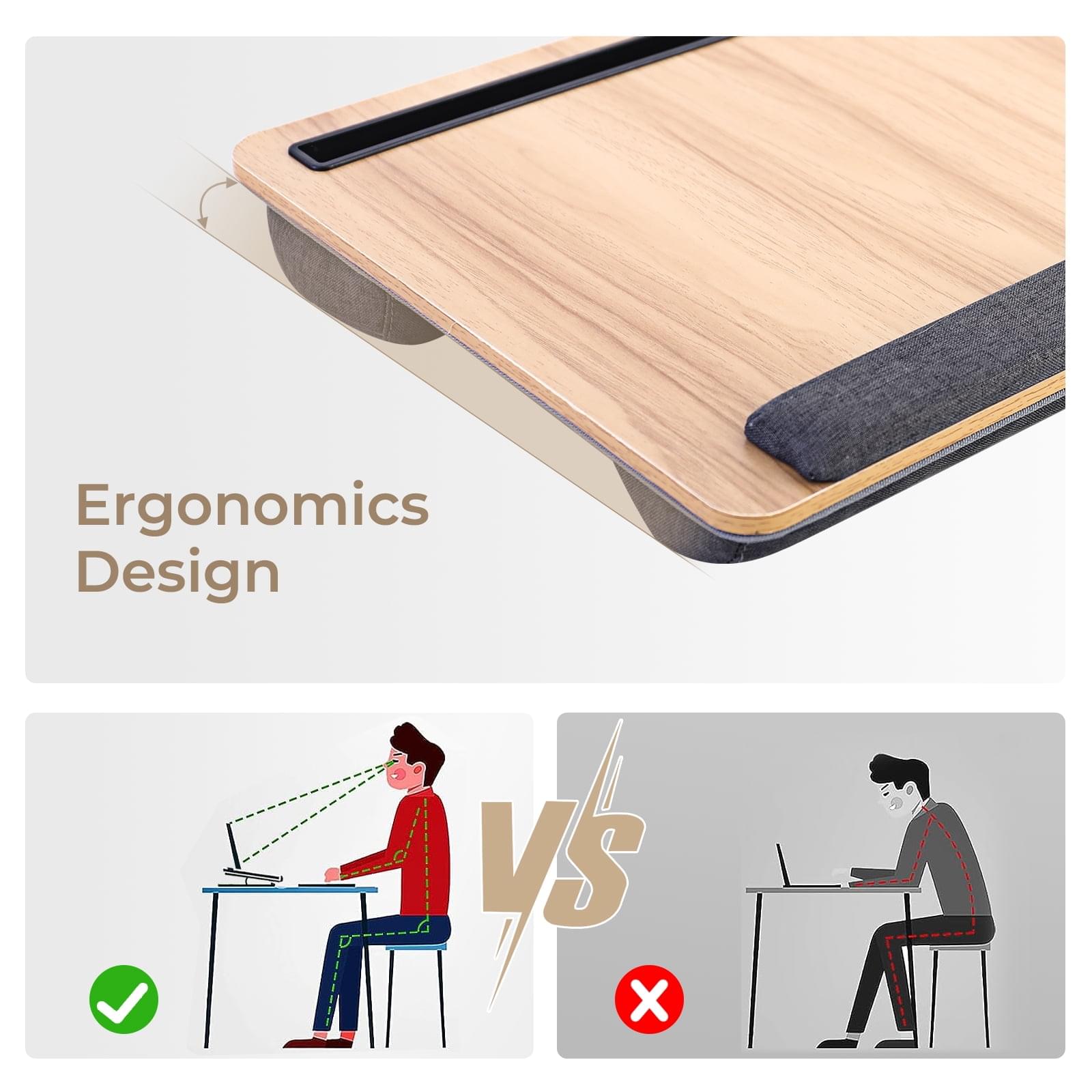 Masuta laptop pentru poala onuvio® tip bed desk / lazy table 55x34 cm, cu suport mouse si suport antebrat cu perne duble de aerisire, pentru laptopuri pana la 17 inch - maro