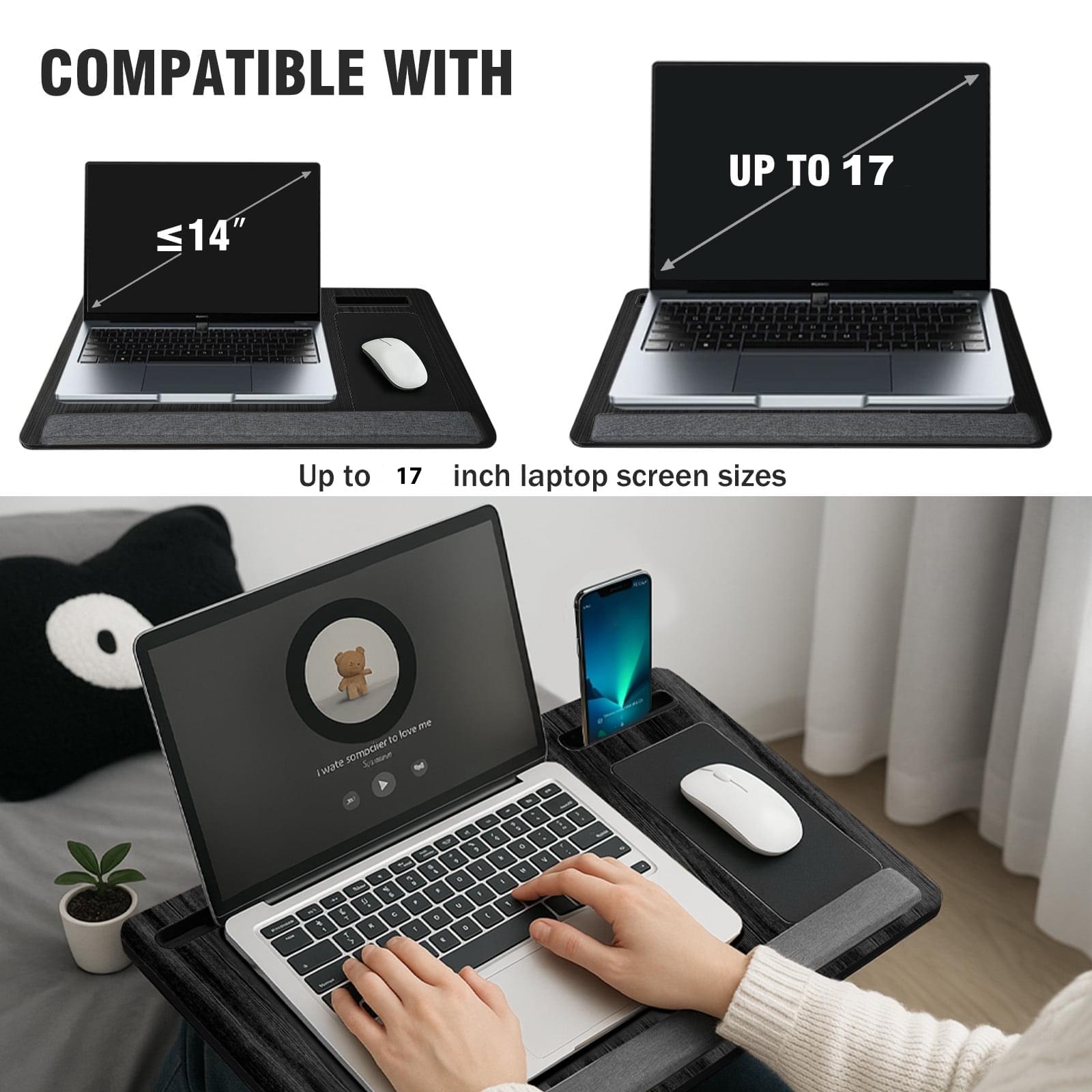 Masuta laptop pentru poala onuvio® tip bed desk / lazy table 55x34 cm, cu suport mouse si suport antebrat cu perne duble de aerisire, pentru laptopuri pana la 17 inch - gri