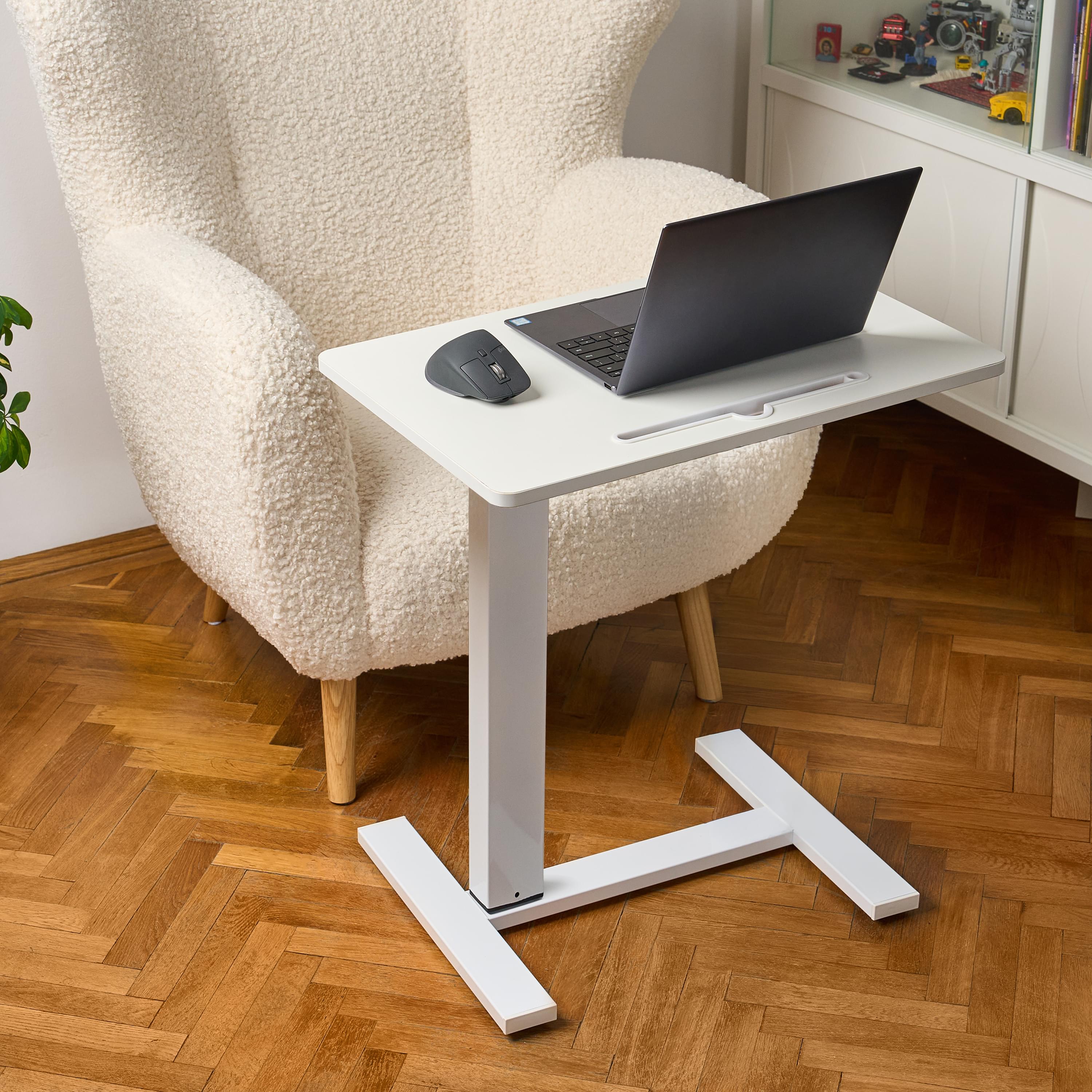 Masa reglabila pe inaltime cu lift pneumatic, cu roti – blat 60x40 cm, inaltime 66–90 cm, masa laterala pentru pat/canapea, onuvio® - alb