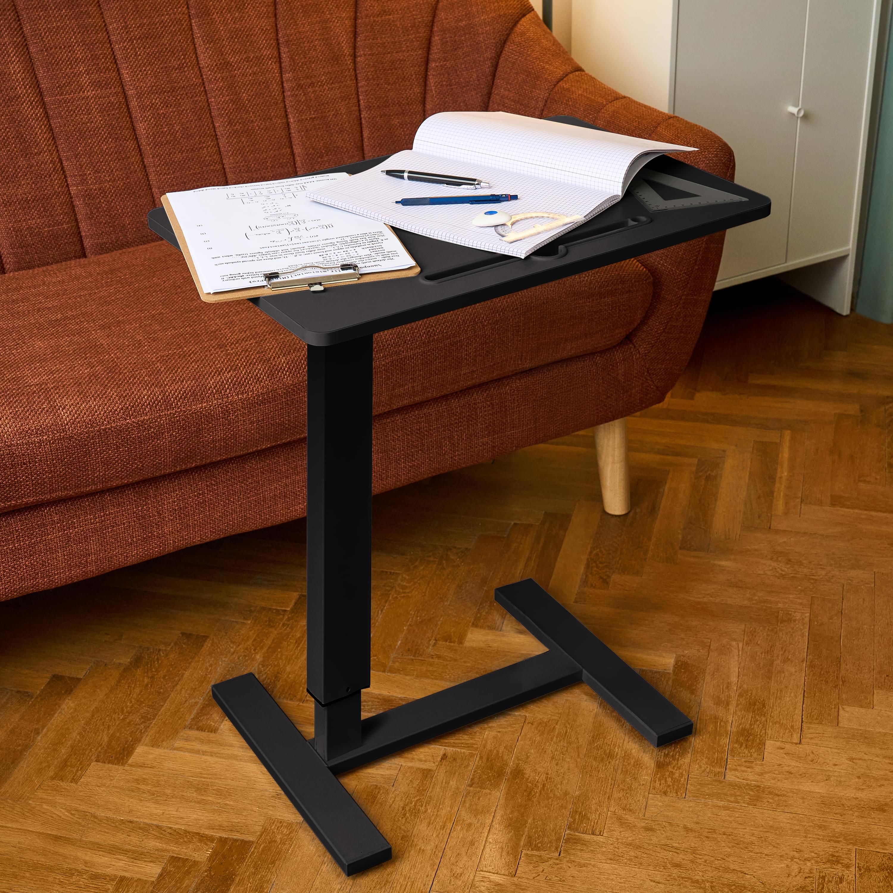 Masa reglabila pe inaltime cu lift pneumatic, cu roti – blat 60x40 cm, inaltime 66–90 cm, masa laterala pentru pat/canapea, onuvio® - negru