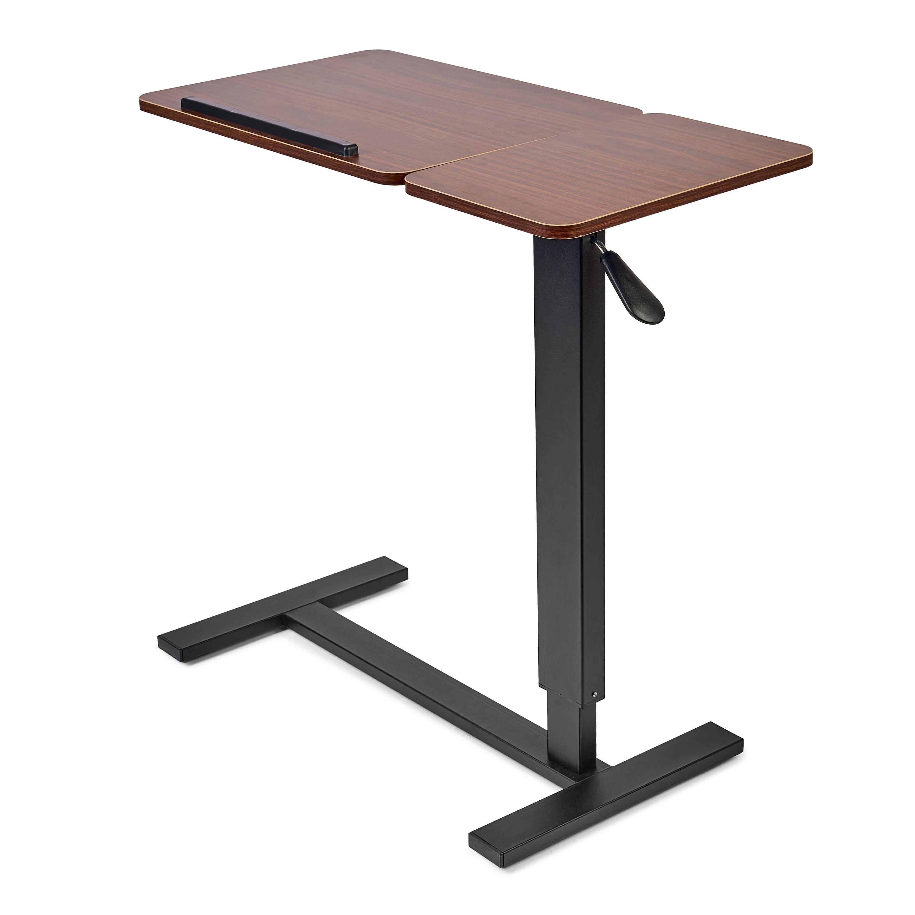 Masa reglabila pe inaltime cu lift pneumatic, blat 80x40 cm in 2 parti (inclinabil + rabatabil pentru depozitare), cu roti, 66–90 cm, baza tip „c” pentru pat/canapea, onuvio® - maro