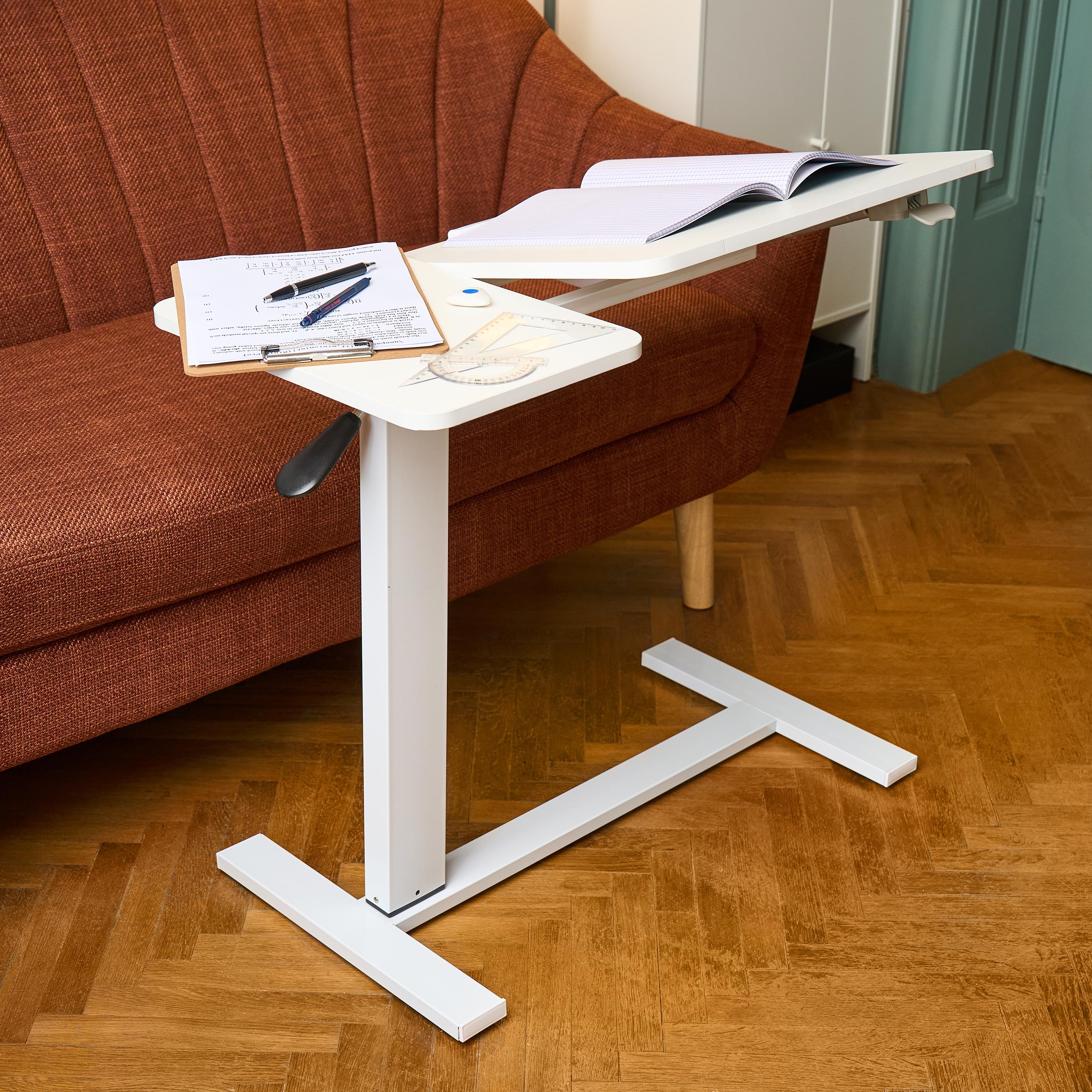Masa reglabila pe inaltime cu lift pneumatic, blat 80x40 cm in 2 parti (inclinabil + rabatabil pentru depozitare), cu roti, 66–90 cm, baza tip „c” pentru pat/canapea, onuvio® - alb