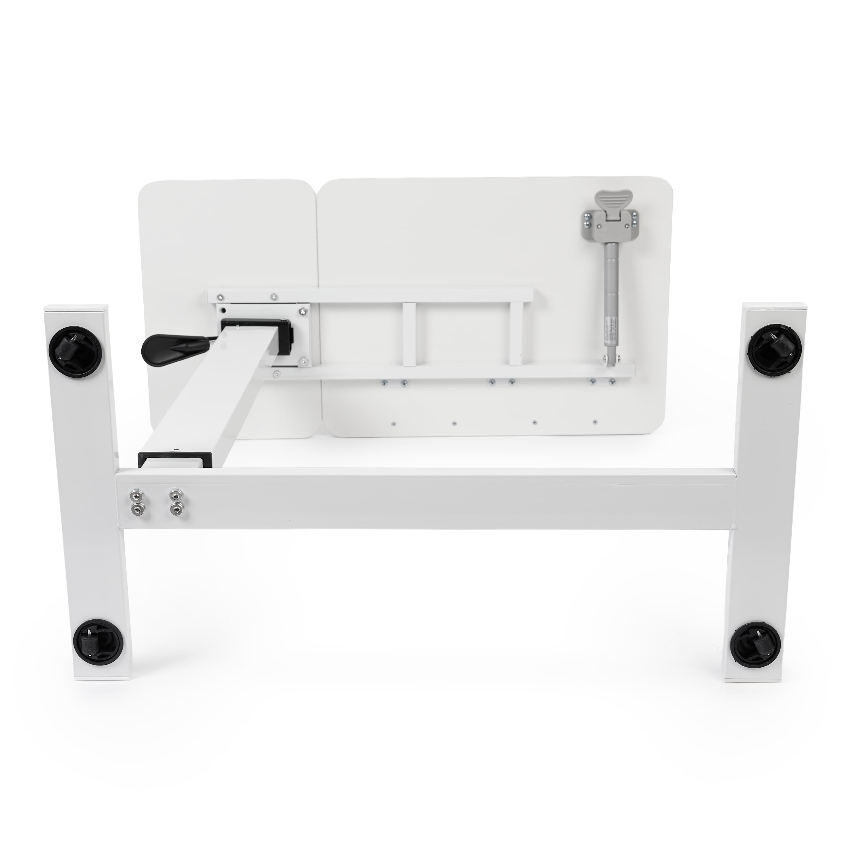 Masa reglabila pe inaltime cu lift pneumatic, blat 80x40 cm in 2 parti (inclinabil + rabatabil pentru depozitare), cu roti, 66–90 cm, baza tip „c” pentru pat/canapea, onuvio® - alb