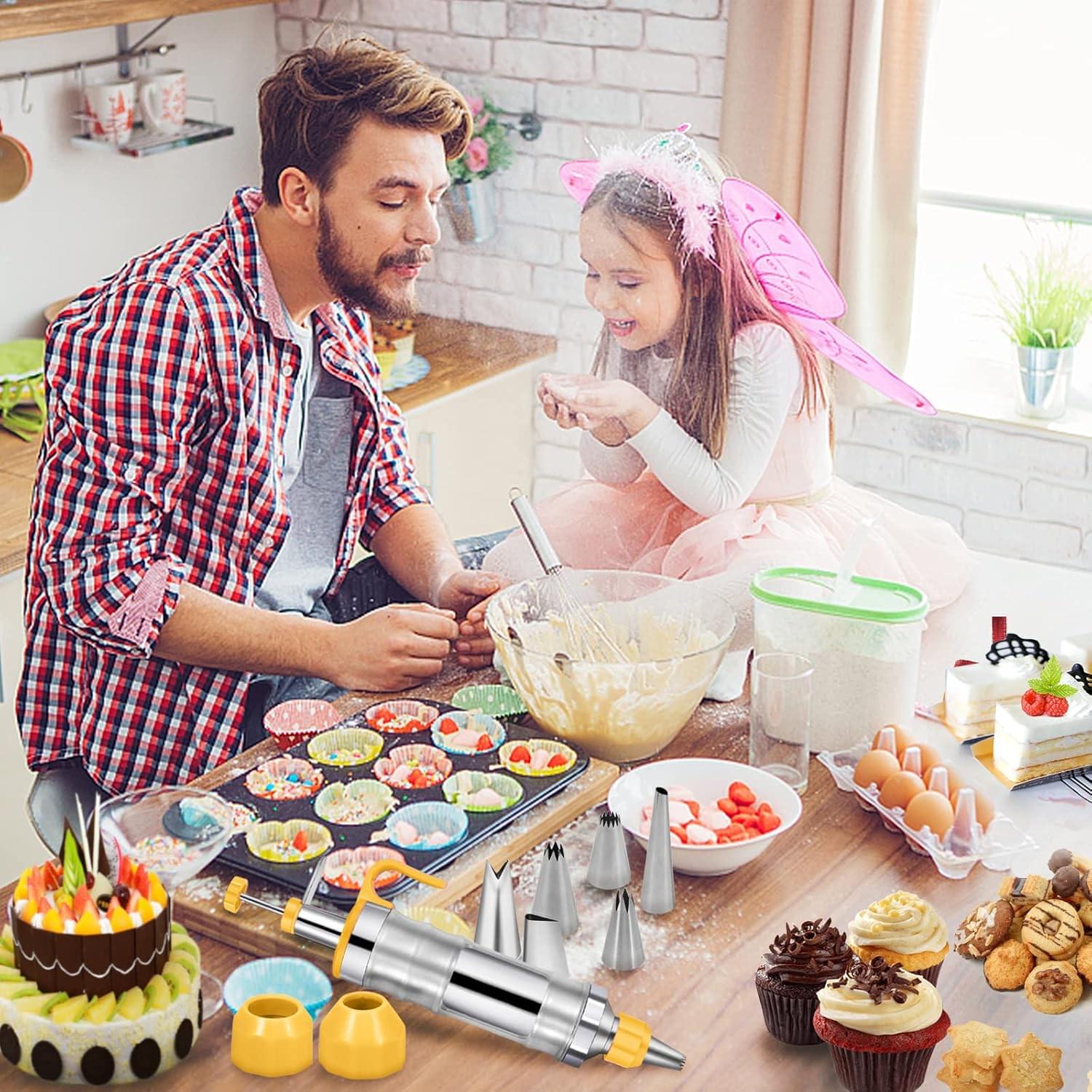 Set seringa de ornat profesionala din otel inoxidabil 304 onuvio® – pentru decorare torturi, prajituri si briose, 6 duze + 2 cuplaje, 3 spatule/raclete, perie curatare - galben