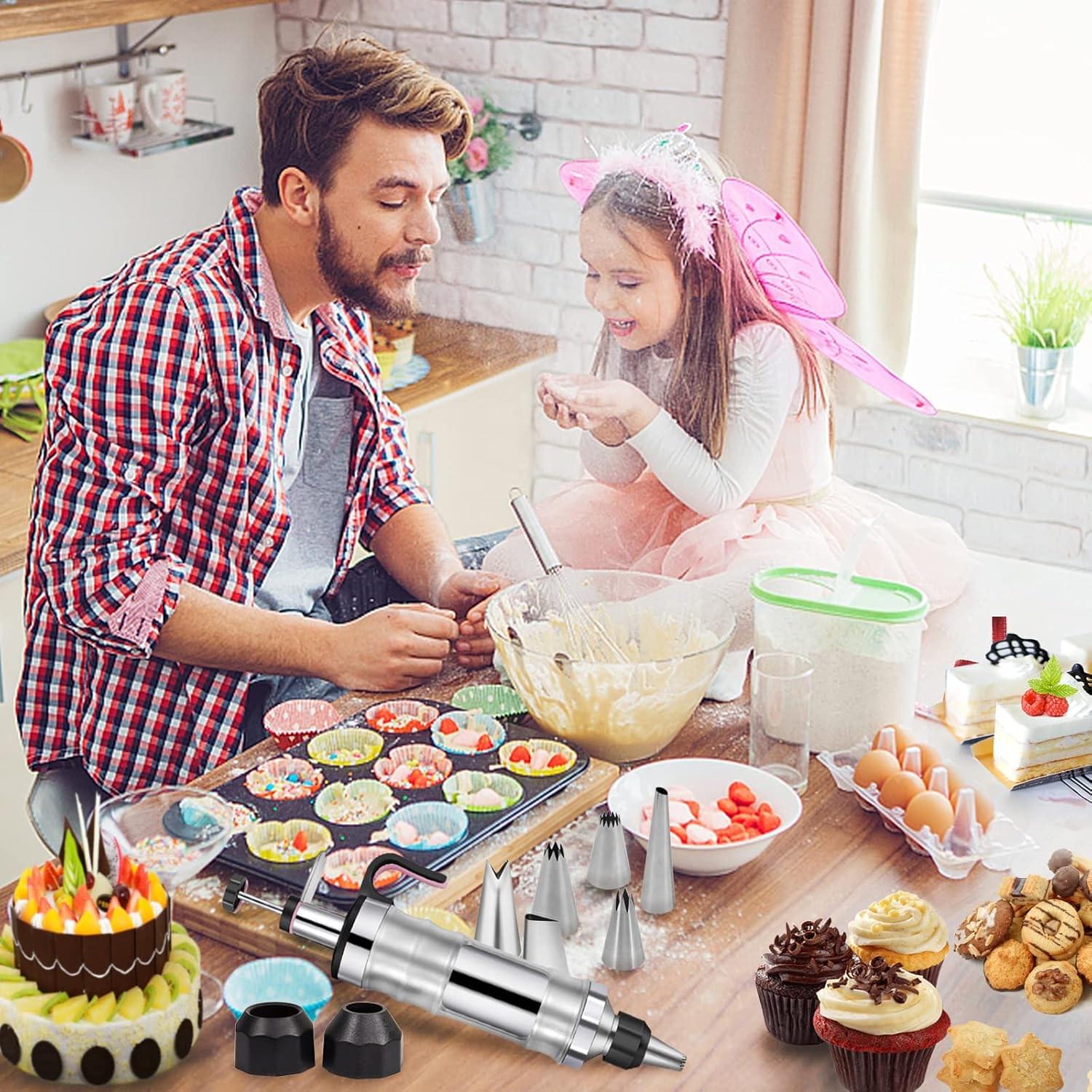 Set seringa de ornat profesionala din otel inoxidabil 304 onuvio® – pentru decorare torturi, prajituri si briose, 6 duze + 2 cuplaje, 3 spatule/raclete, perie curatare - negru