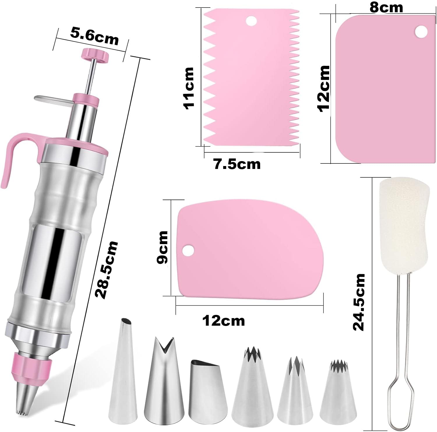 Set seringa de ornat profesionala din otel inoxidabil 304 onuvio® – pentru decorare torturi, prajituri si briose, 6 duze + 2 cuplaje, 3 spatule/raclete, perie curatare - roz
