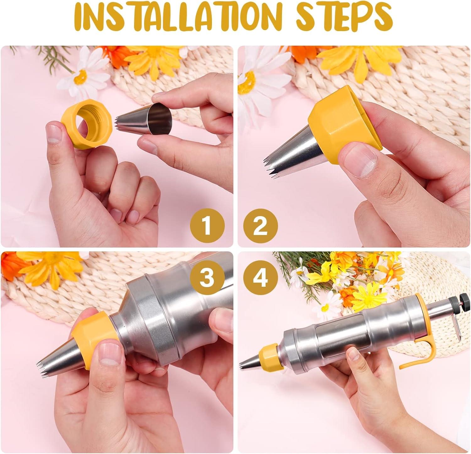 Set seringa de ornat profesionala din otel inoxidabil 304 onuvio® – pentru decorare torturi, prajituri si briose, 6 duze + 2 cuplaje, 3 spatule/raclete, perie curatare - galben