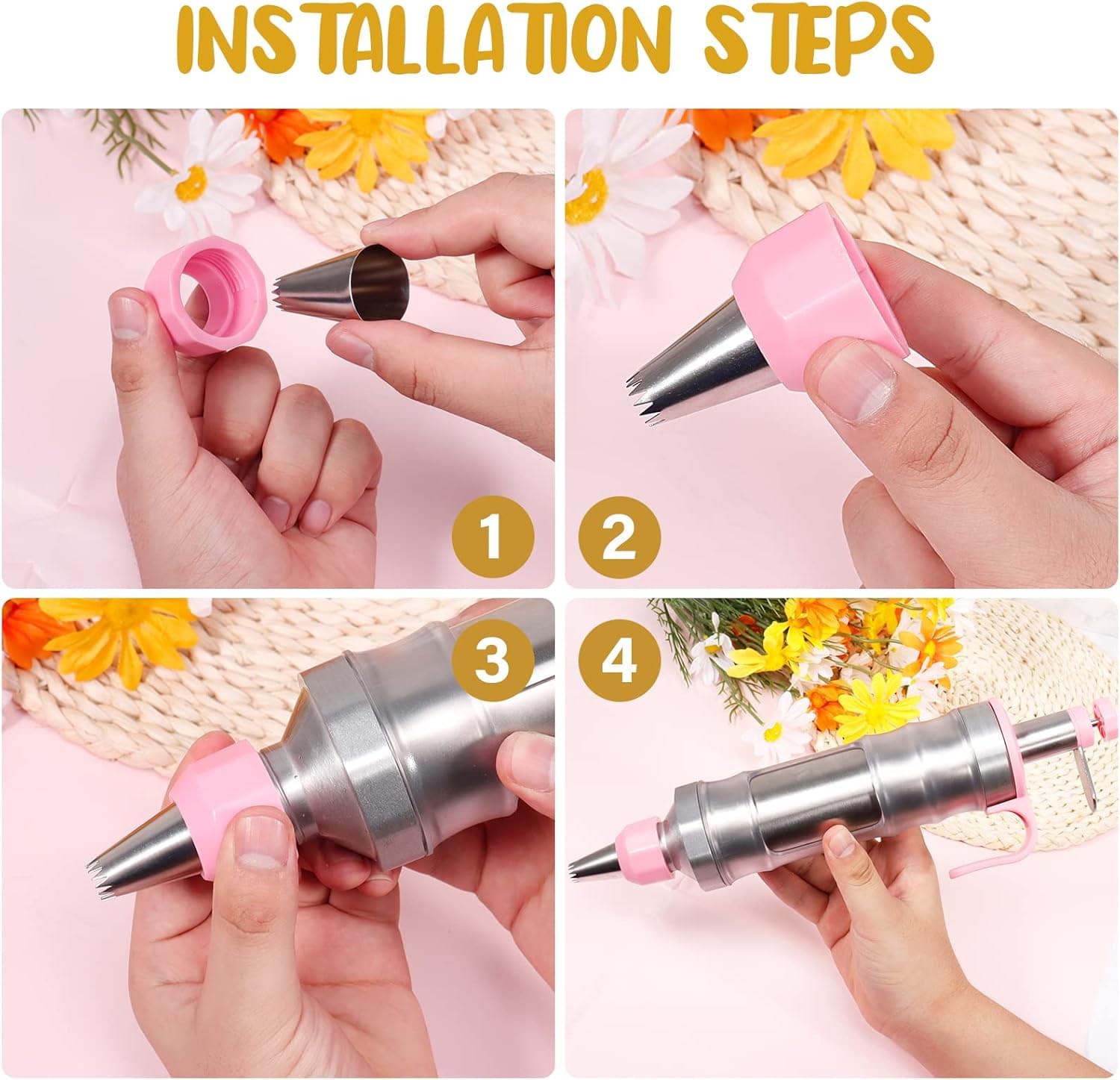 Set seringa de ornat profesionala din otel inoxidabil 304 onuvio® – pentru decorare torturi, prajituri si briose, 6 duze + 2 cuplaje, 3 spatule/raclete, perie curatare - roz