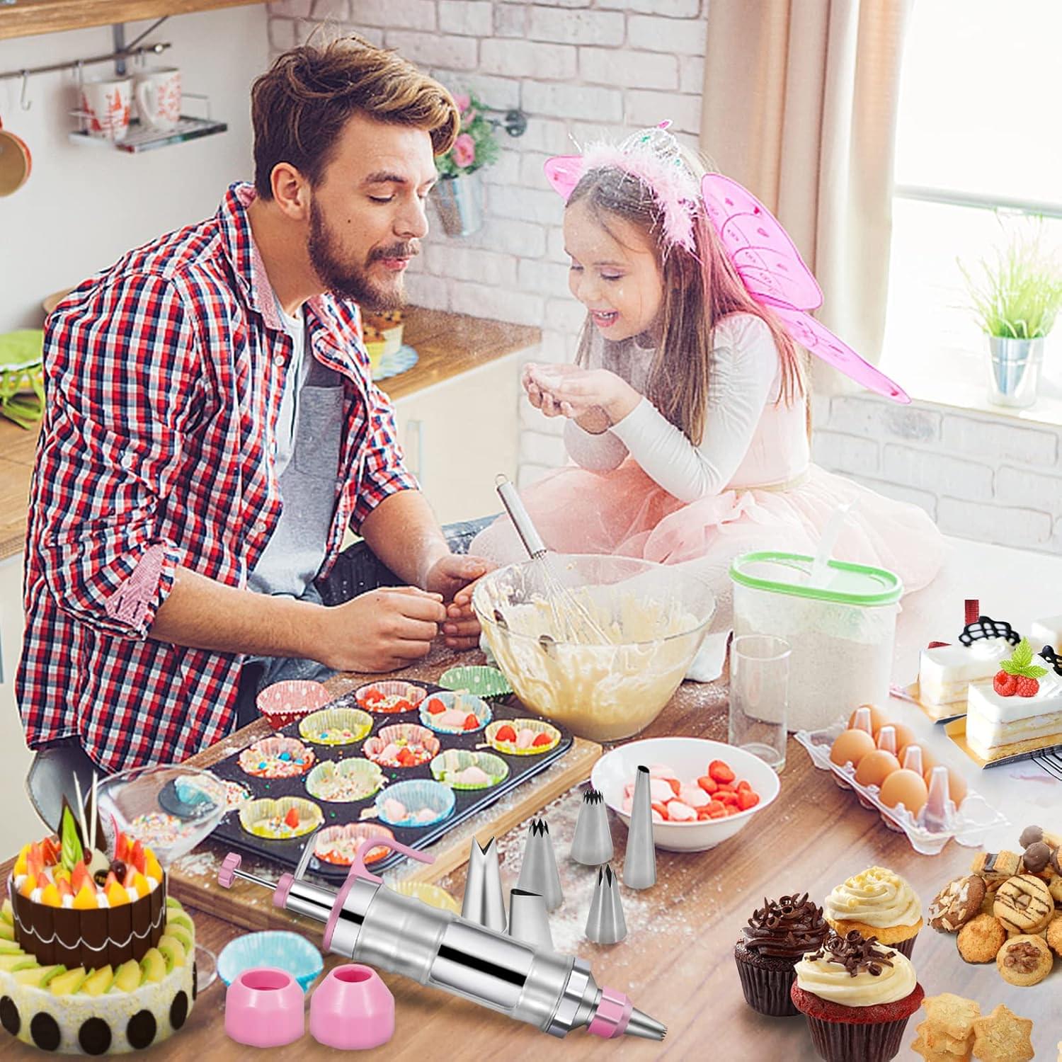 Set seringa de ornat profesionala din otel inoxidabil 304 onuvio® – pentru decorare torturi, prajituri si briose, 6 duze + 2 cuplaje, 3 spatule/raclete, perie curatare - roz