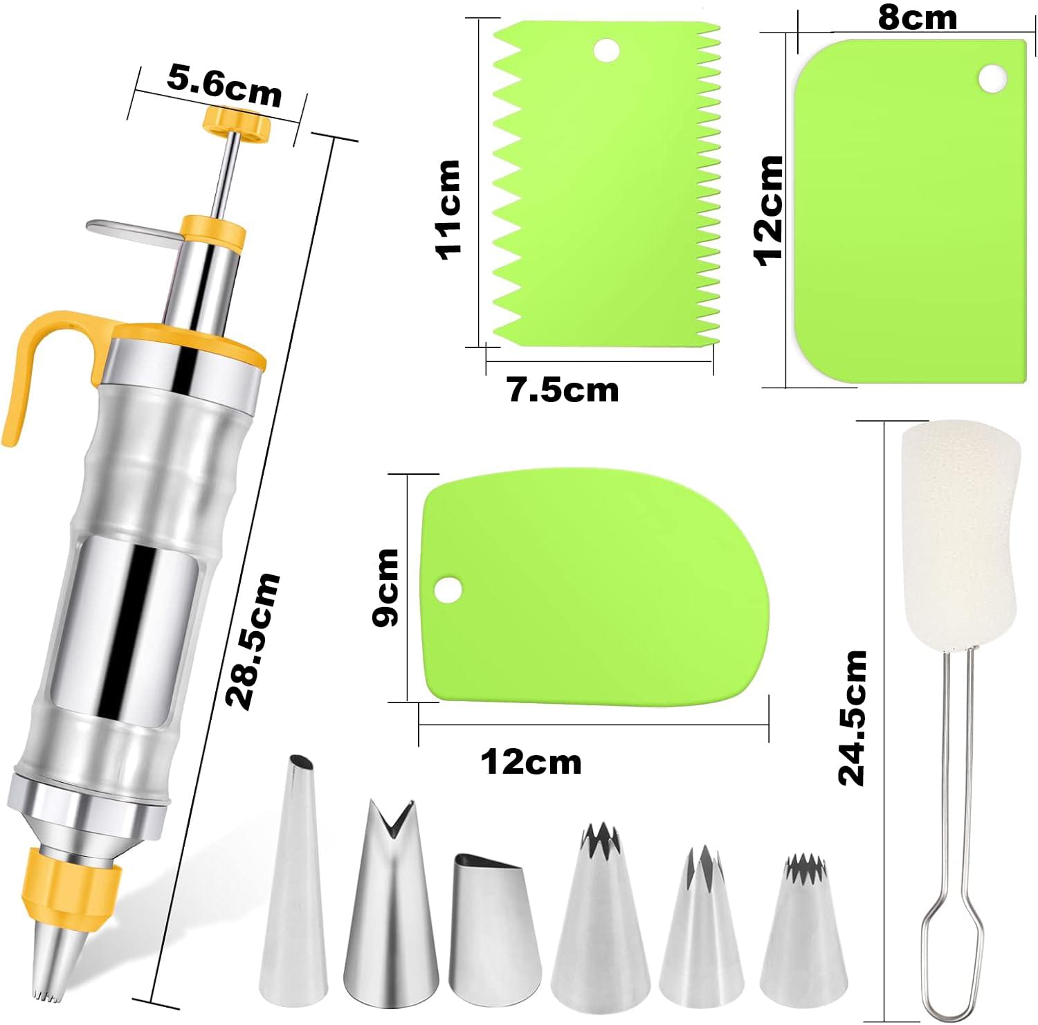 Set seringa de ornat profesionala din otel inoxidabil 304 onuvio® – pentru decorare torturi, prajituri si briose, 6 duze + 2 cuplaje, 3 spatule/raclete, perie curatare - galben