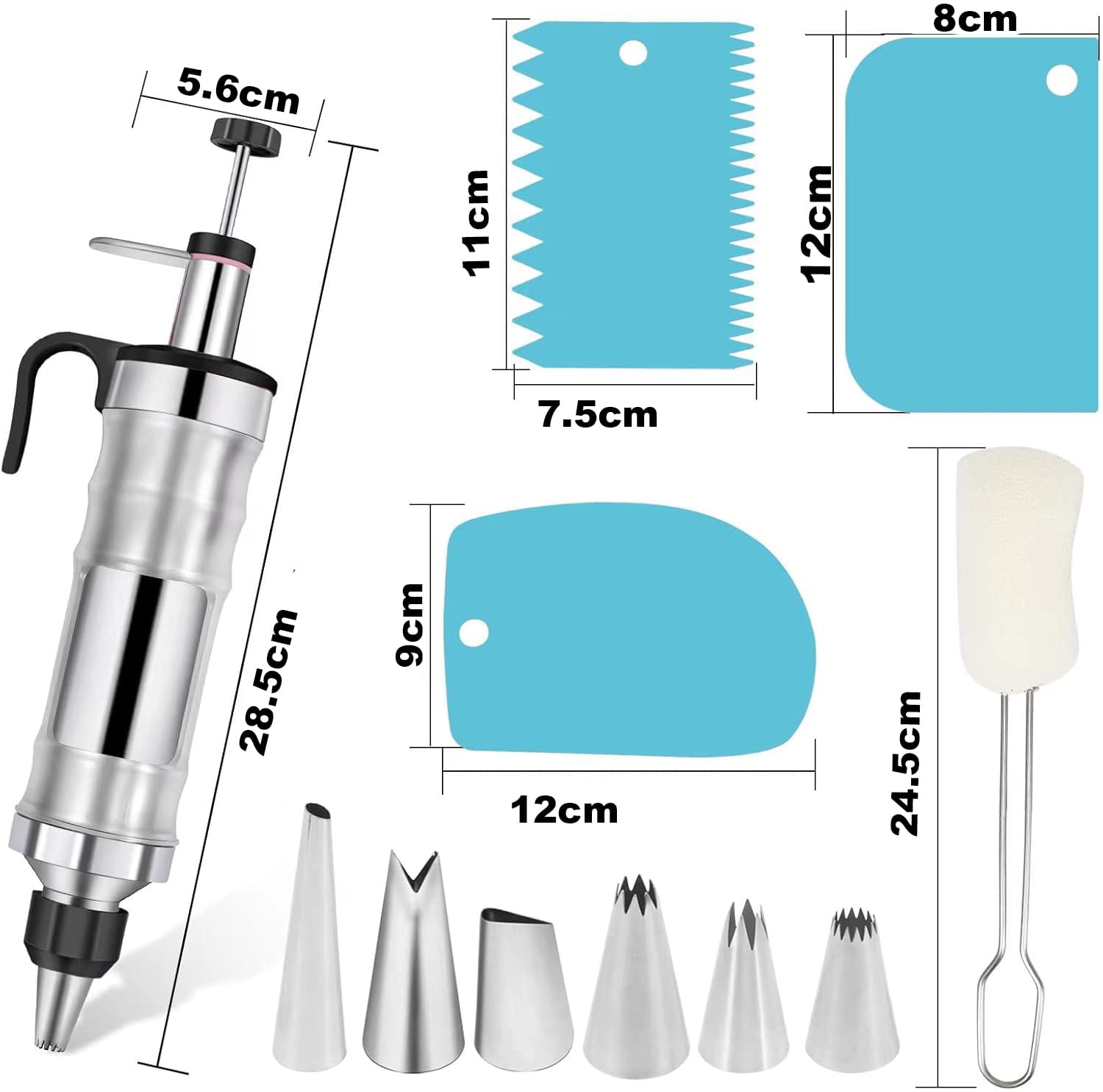 Set seringa de ornat profesionala din otel inoxidabil 304 onuvio® – pentru decorare torturi, prajituri si briose, 6 duze + 2 cuplaje, 3 spatule/raclete, perie curatare - negru