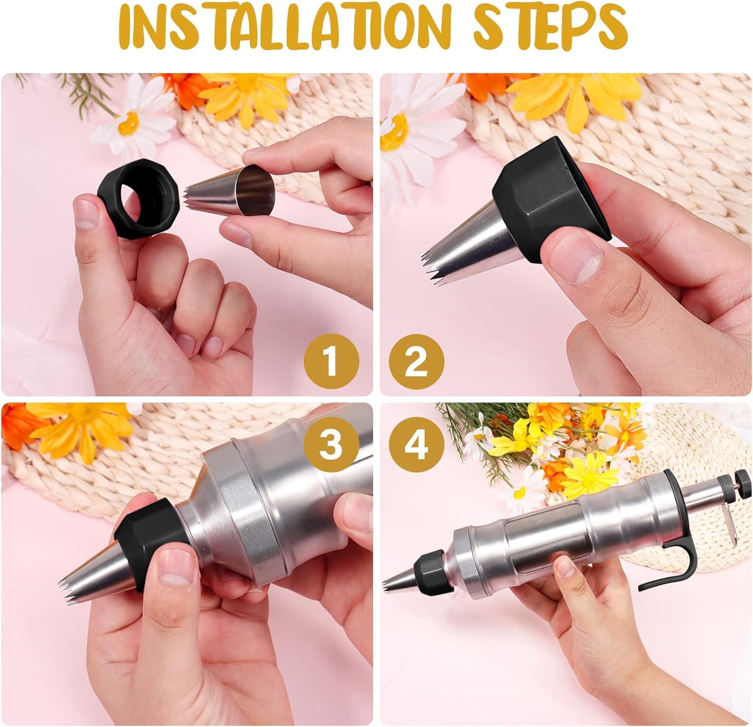 Set seringa de ornat profesionala din otel inoxidabil 304 onuvio® – pentru decorare torturi, prajituri si briose, 6 duze + 2 cuplaje, 3 spatule/raclete, perie curatare - negru