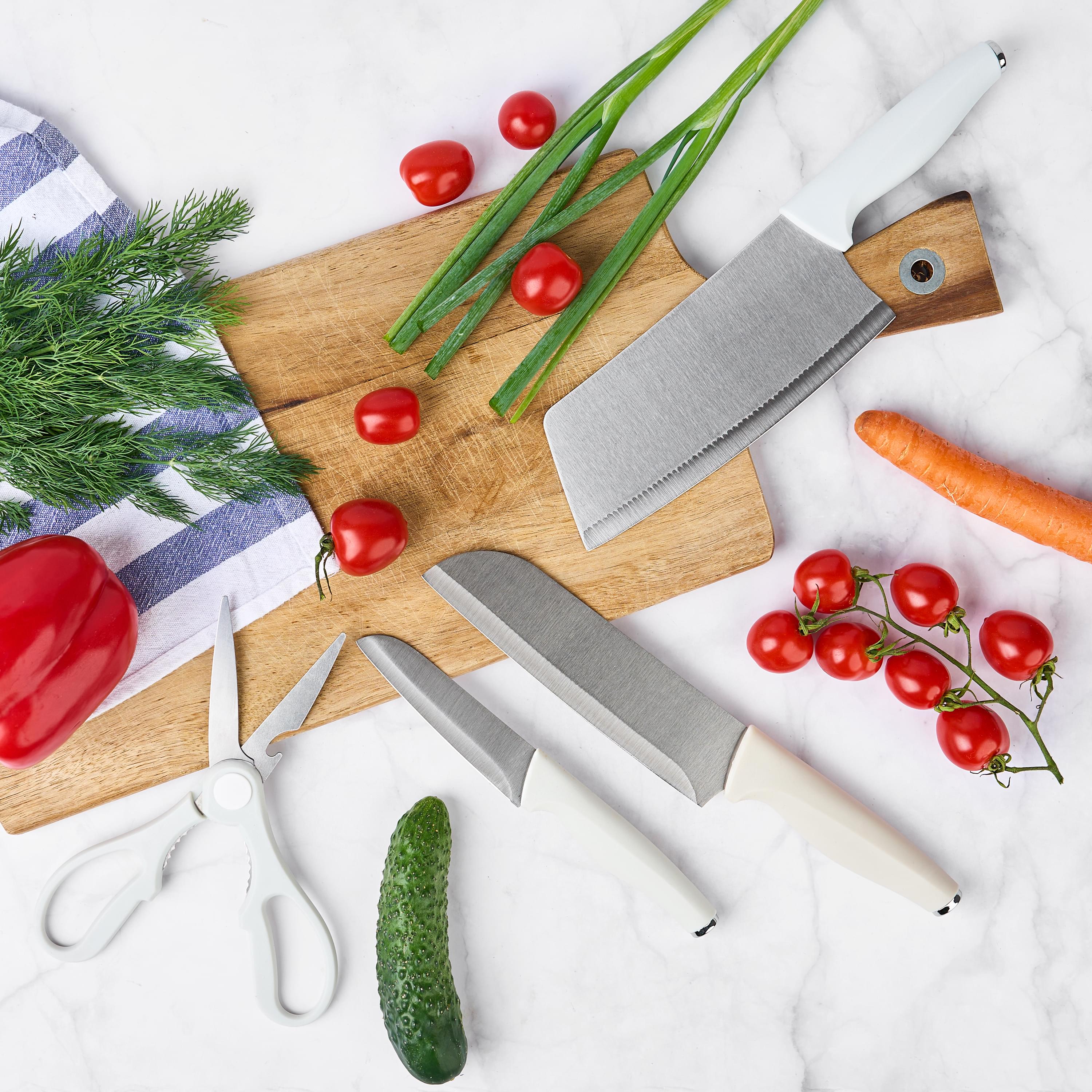 Set de cutite pentru bucatarie onuvio®, 5 piese pentru  folosire zilnica, foarfeca, cutit chef, cutit decojit, suport pentru blat, alb