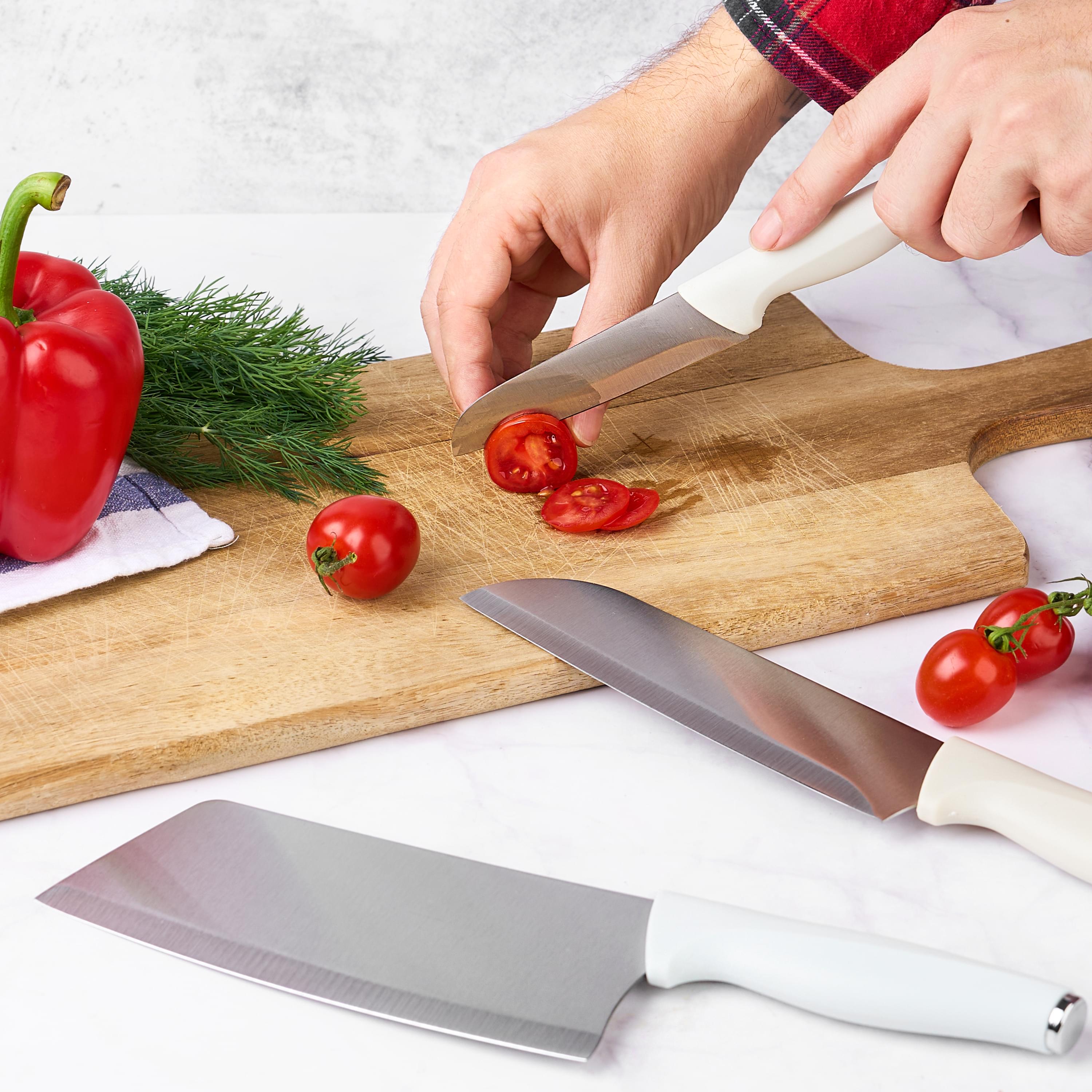 Set de cutite pentru bucatarie onuvio®, 5 piese pentru  folosire zilnica, foarfeca, cutit chef, cutit decojit, suport pentru blat, alb