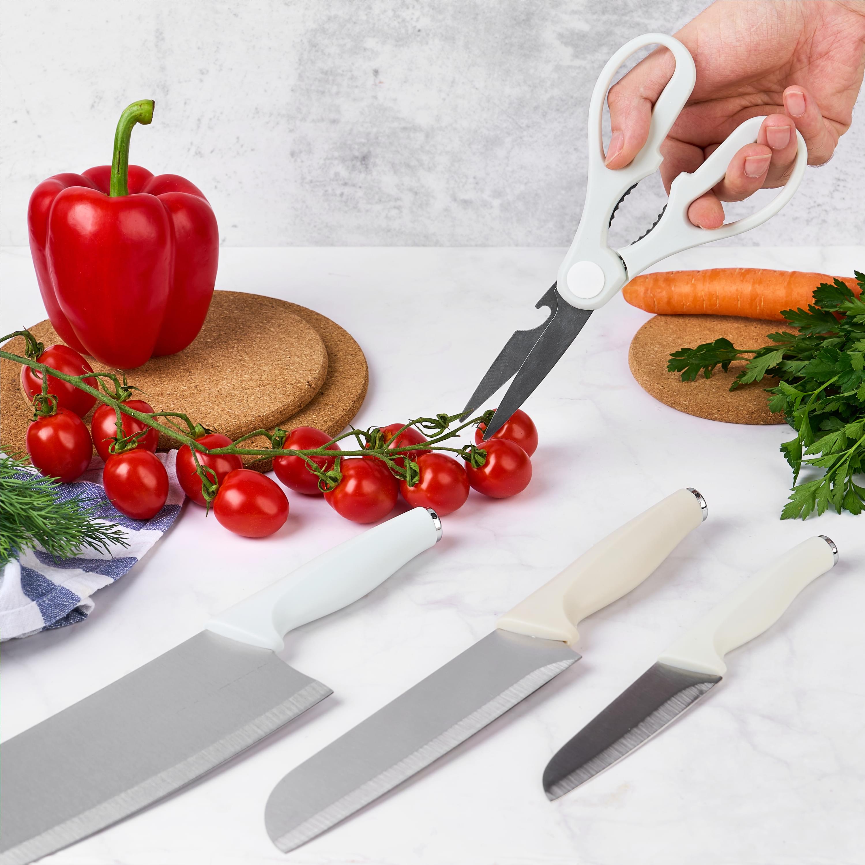 Set de cutite pentru bucatarie onuvio®, 5 piese pentru  folosire zilnica, foarfeca, cutit chef, cutit decojit, suport pentru blat, alb