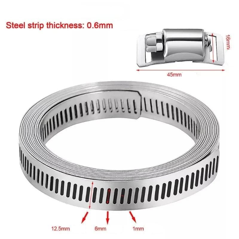 Kit coliere universale 5 metri,  inox 304 – banda perforata 12.5 mm, grosime 0.6 mm, 10 cleme cap ajustabile, coliere la orice diametru, auto/hvac/irigatii, mediu marin – onuvio